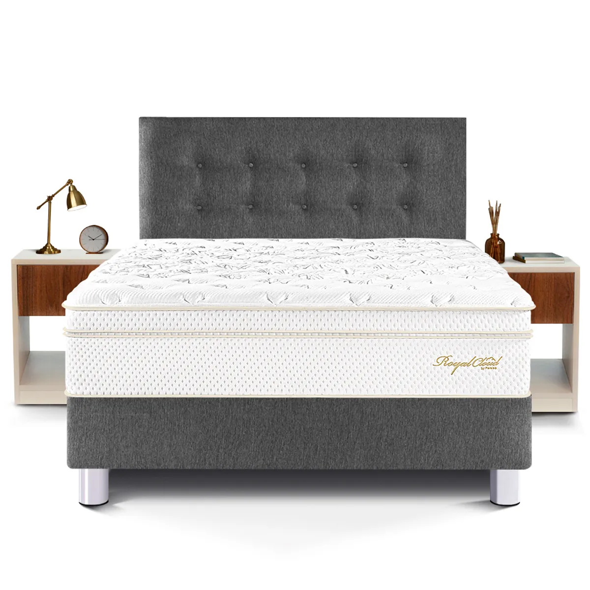 DORMITORIO PARAISO ROYAL CLOUD 2 PLAZAS GRIS + VELADOR CON CAJÓN + 2 ALMOHADAS VISCOELÁSTICAS - 1
