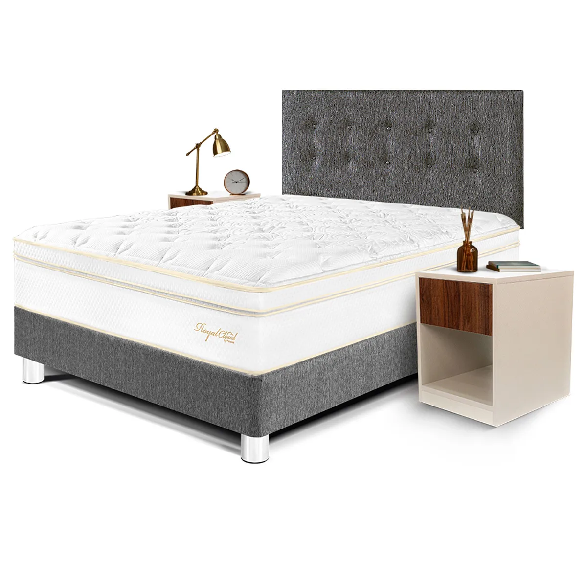 DORMITORIO PARAISO ROYAL CLOUD 2 PLAZAS GRIS + VELADOR CON CAJÓN + 2 ALMOHADAS VISCOELÁSTICAS - 2