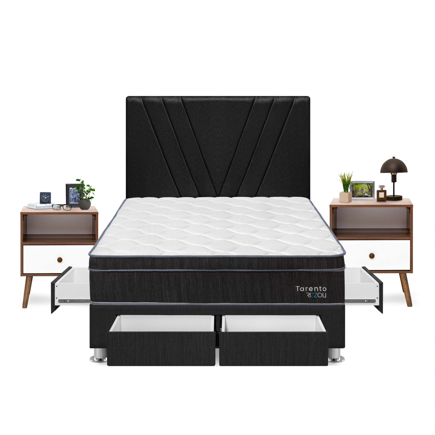 DORMITORIO RIZZOLI TARENTO 2 PLAZAS CON CAJONES GRIS + VELADORES - 1