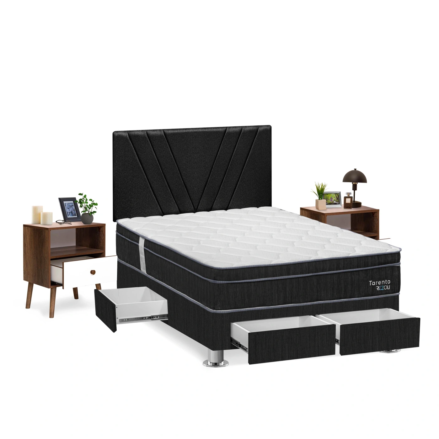 DORMITORIO RIZZOLI TARENTO 2 PLAZAS CON CAJONES GRIS + VELADORES - 2