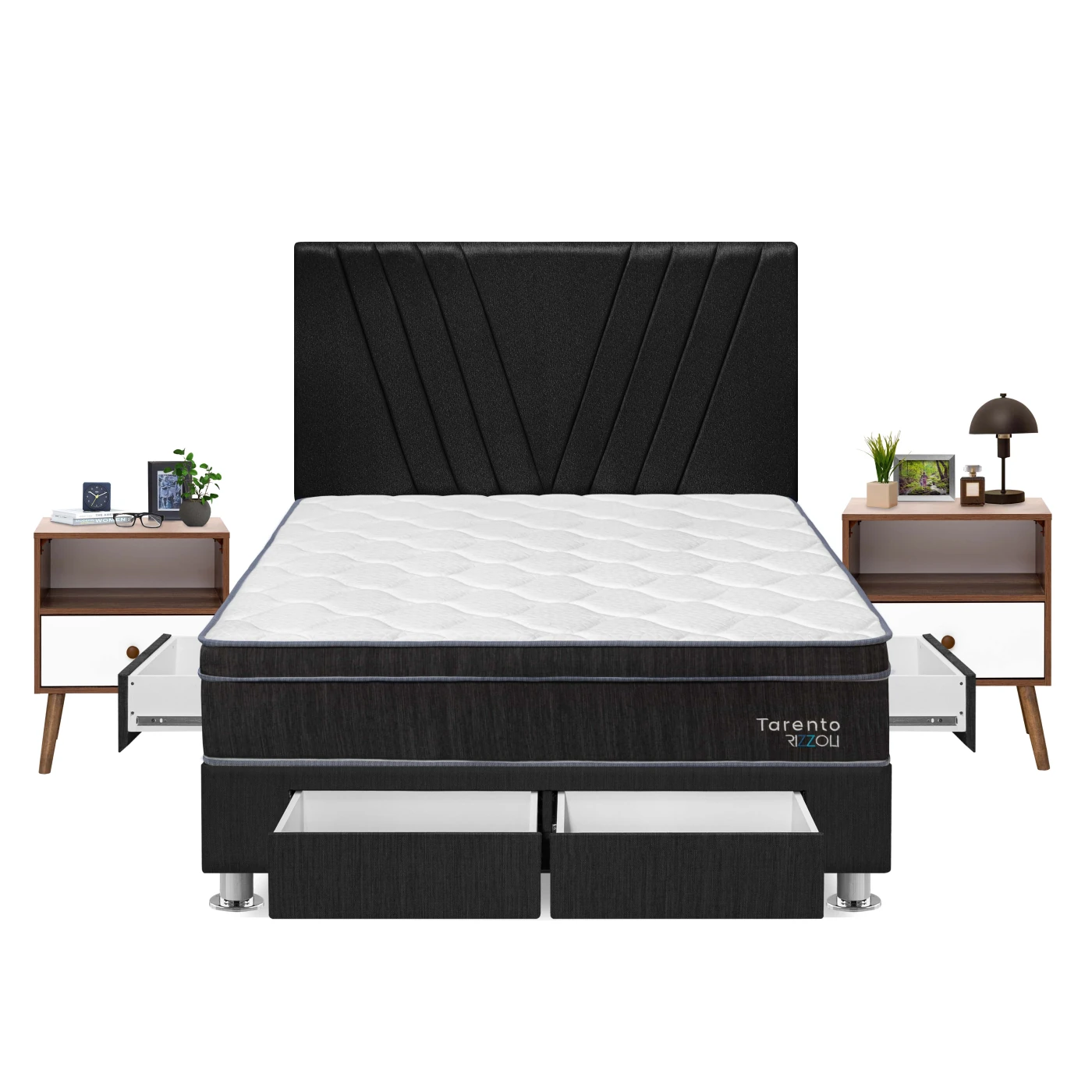 DORMITORIO AMERICANO RIZZOLI TARENTO QUEEN CON CAJONES GRIS + VELADOR - 1