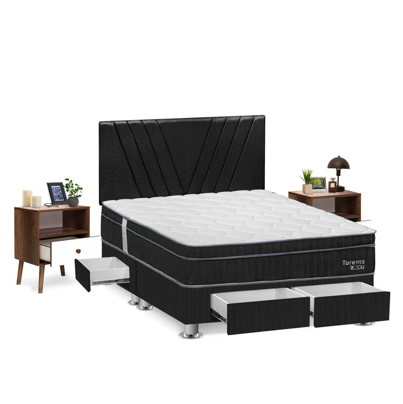 DORMITORIO AMERICANO RIZZOLI TARENTO QUEEN CON CAJONES GRIS + VELADOR - 2