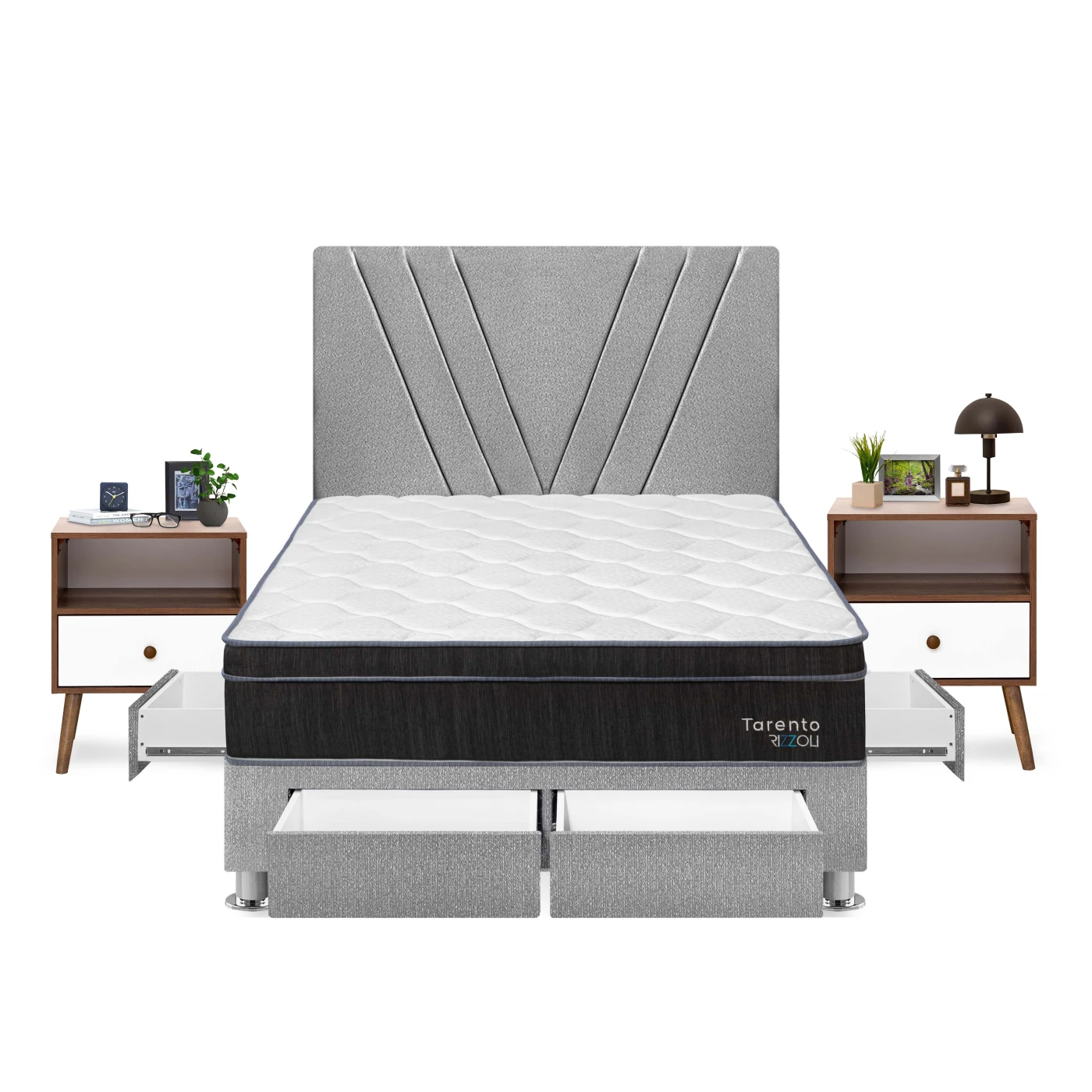 DORMITORIO AMERICANO CON CAJONES RIZZOLI TARENTO 2 PLAZAS PLATA + VELADORES - 1