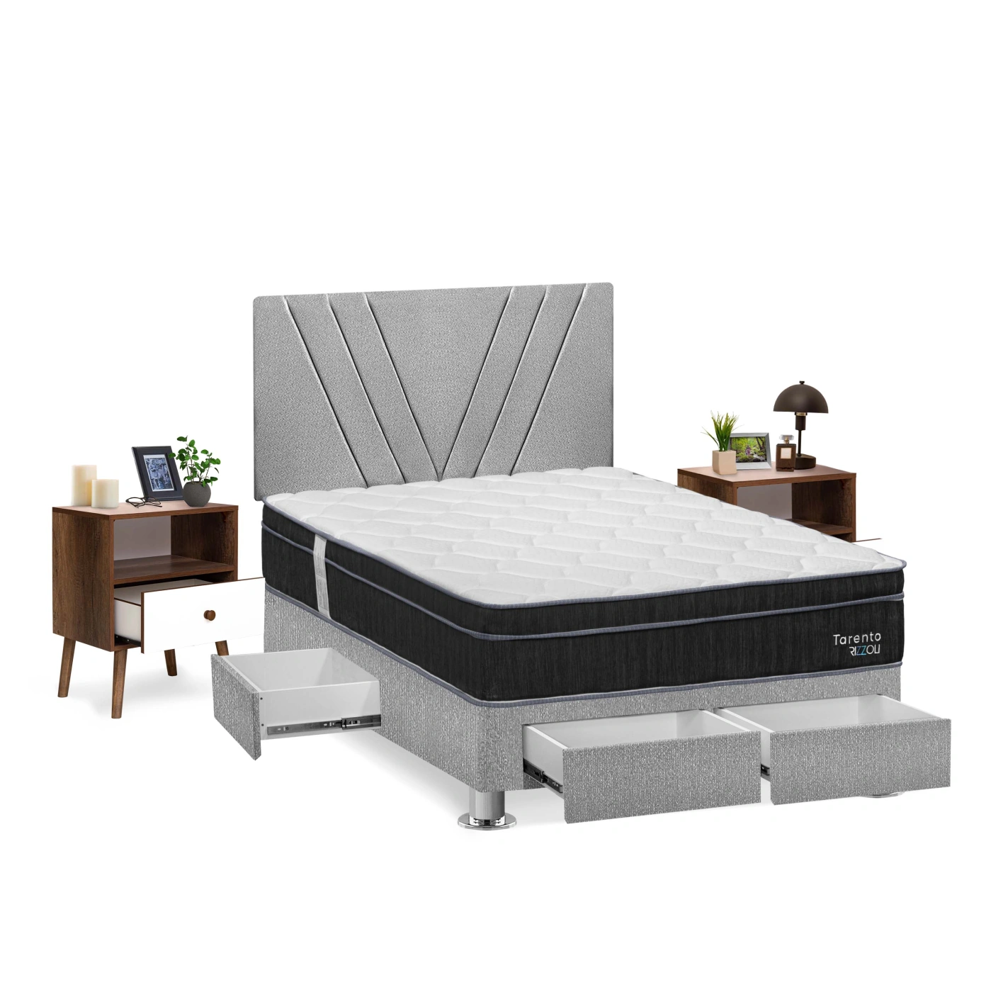 DORMITORIO AMERICANO CON CAJONES RIZZOLI TARENTO 2 PLAZAS PLATA + VELADORES - 2