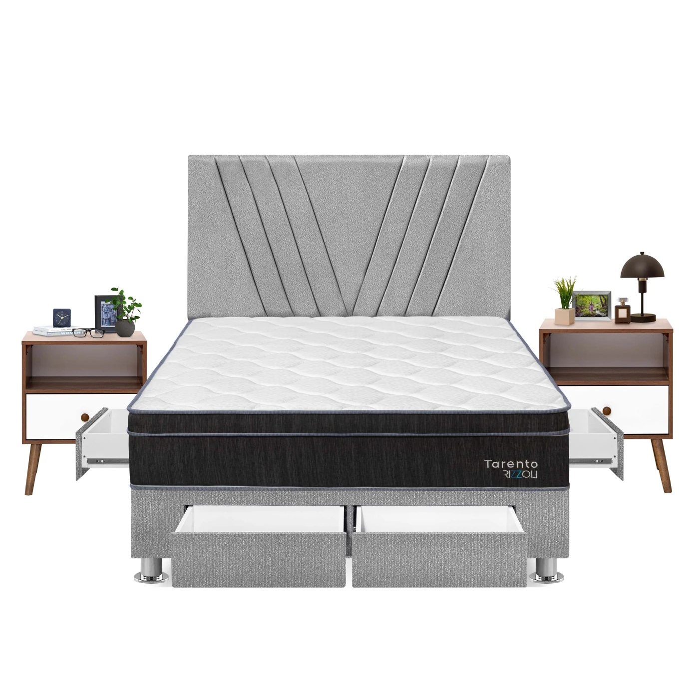 DORMITORIO AMERICANO RIZZOLI TARENTO QUEEN CON CAJONES PLATA + VELADOR - 1