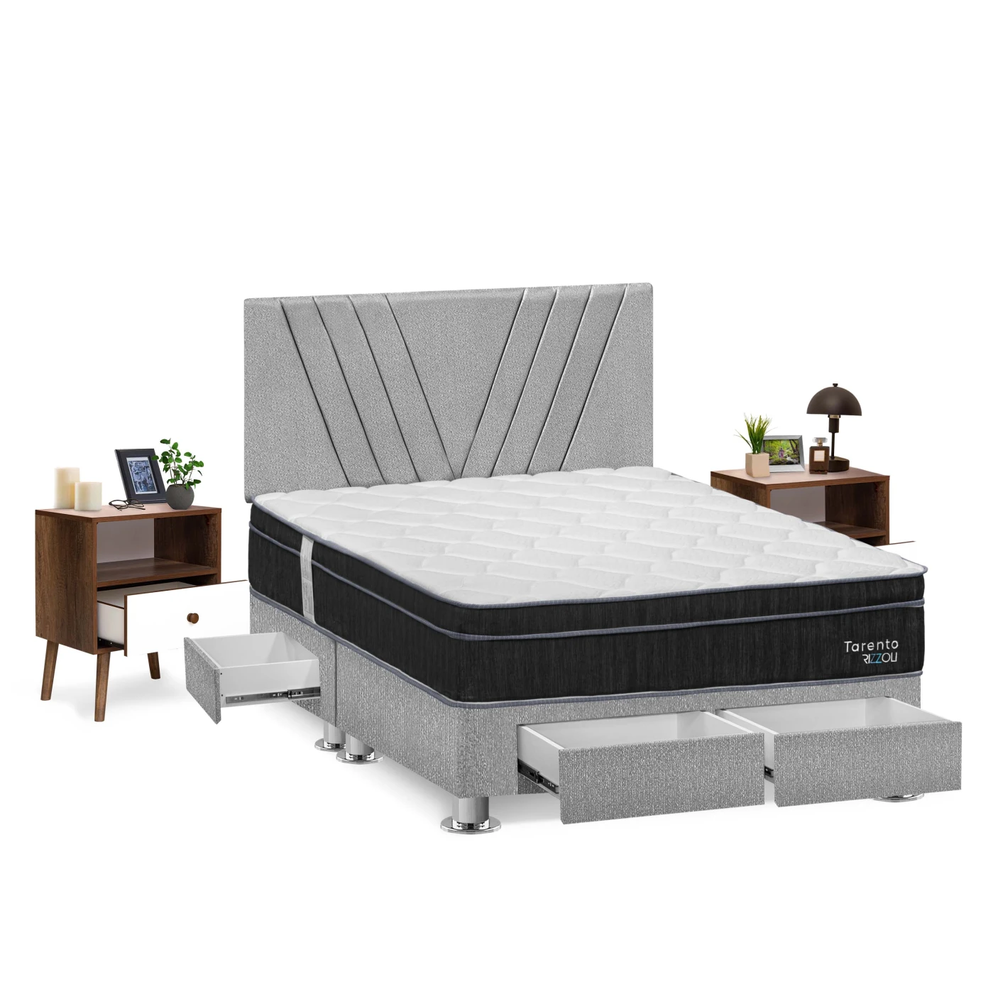 DORMITORIO AMERICANO RIZZOLI TARENTO QUEEN CON CAJONES PLATA + VELADOR - 2