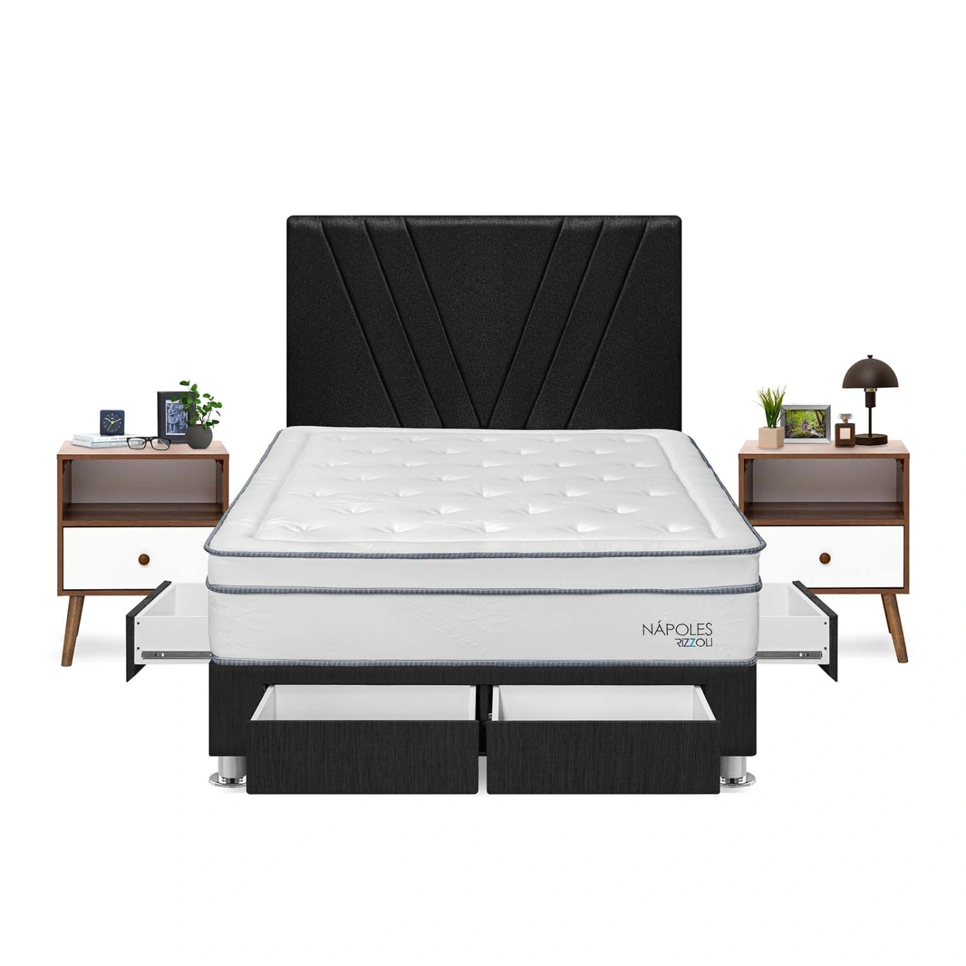 DORMITORIO RIZZOLI NAPOLES 2 PLAZAS CON CAJONES GRIS + VELADOR - 1