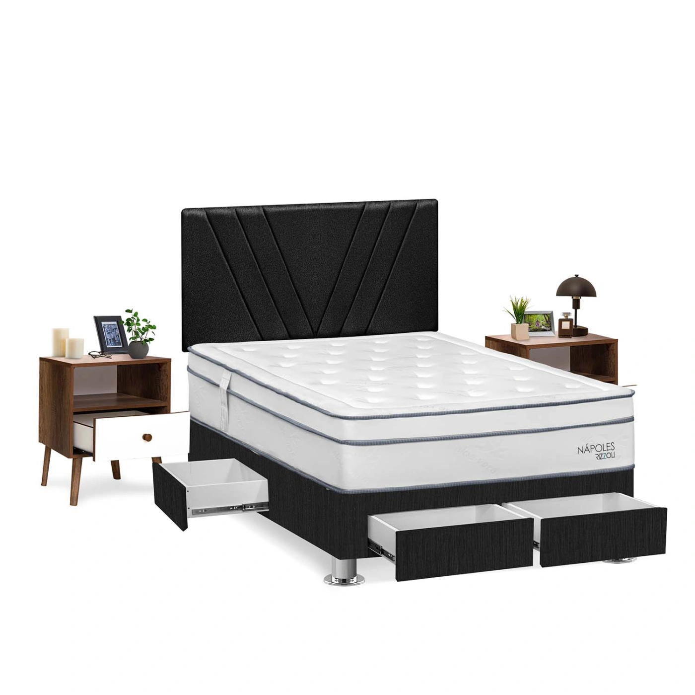 DORMITORIO RIZZOLI NAPOLES 2 PLAZAS CON CAJONES GRIS + VELADOR - 2