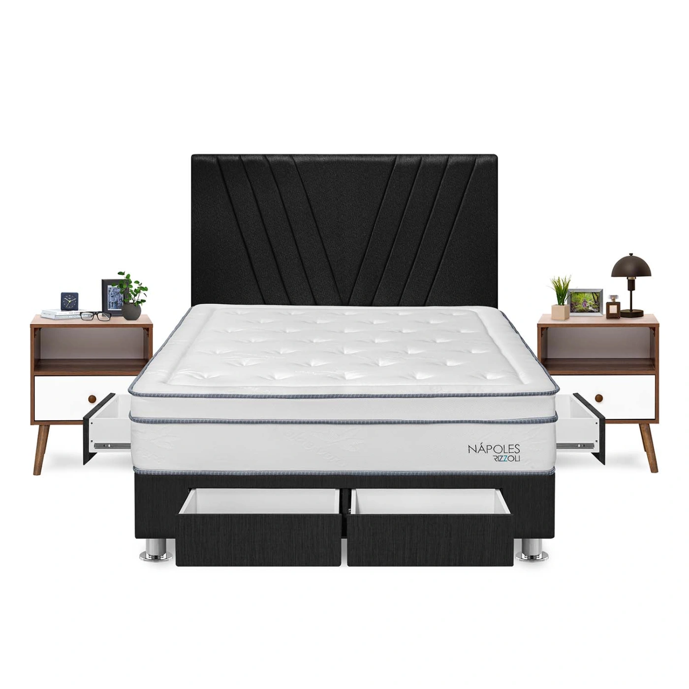 DORMITORIO RIZZOLI NAPOLES QUEEN CON CAJONES GRIS + VELADOR - 1