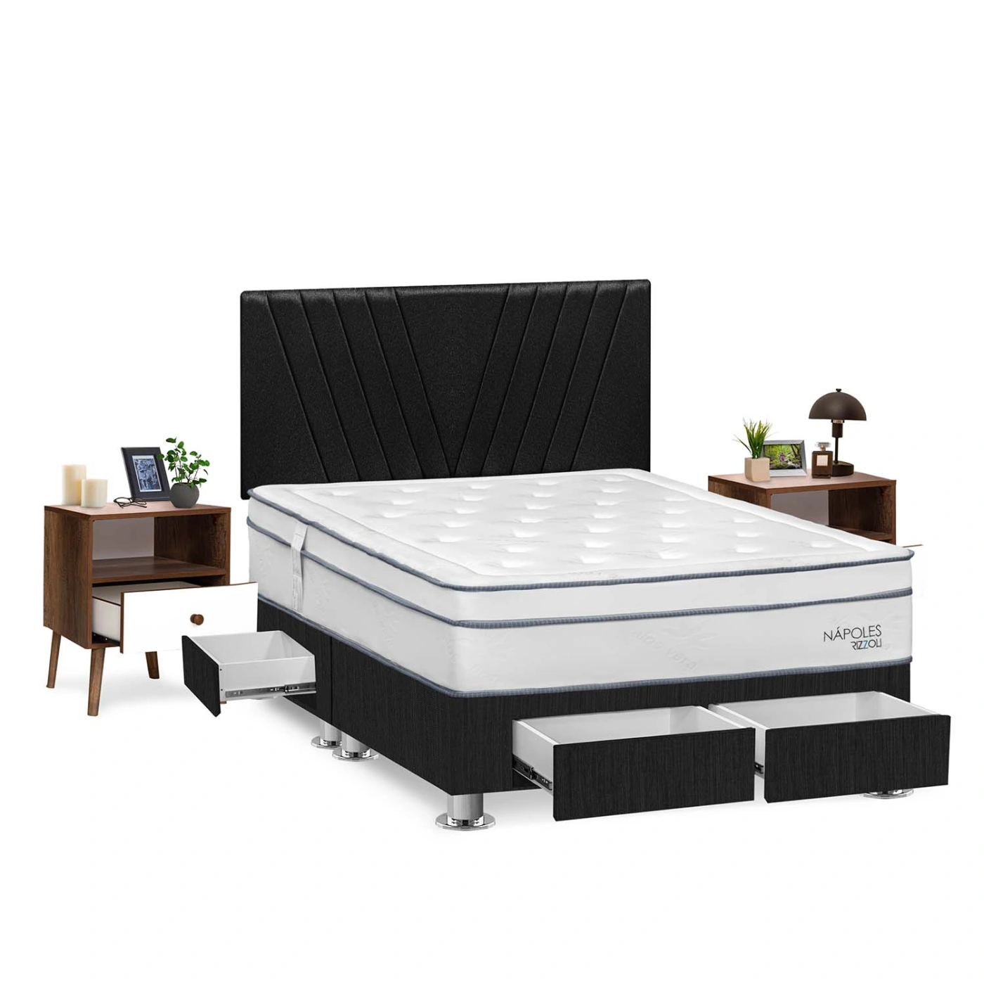 DORMITORIO RIZZOLI NAPOLES KING CON CAJONES GRIS + VELADOR - 1