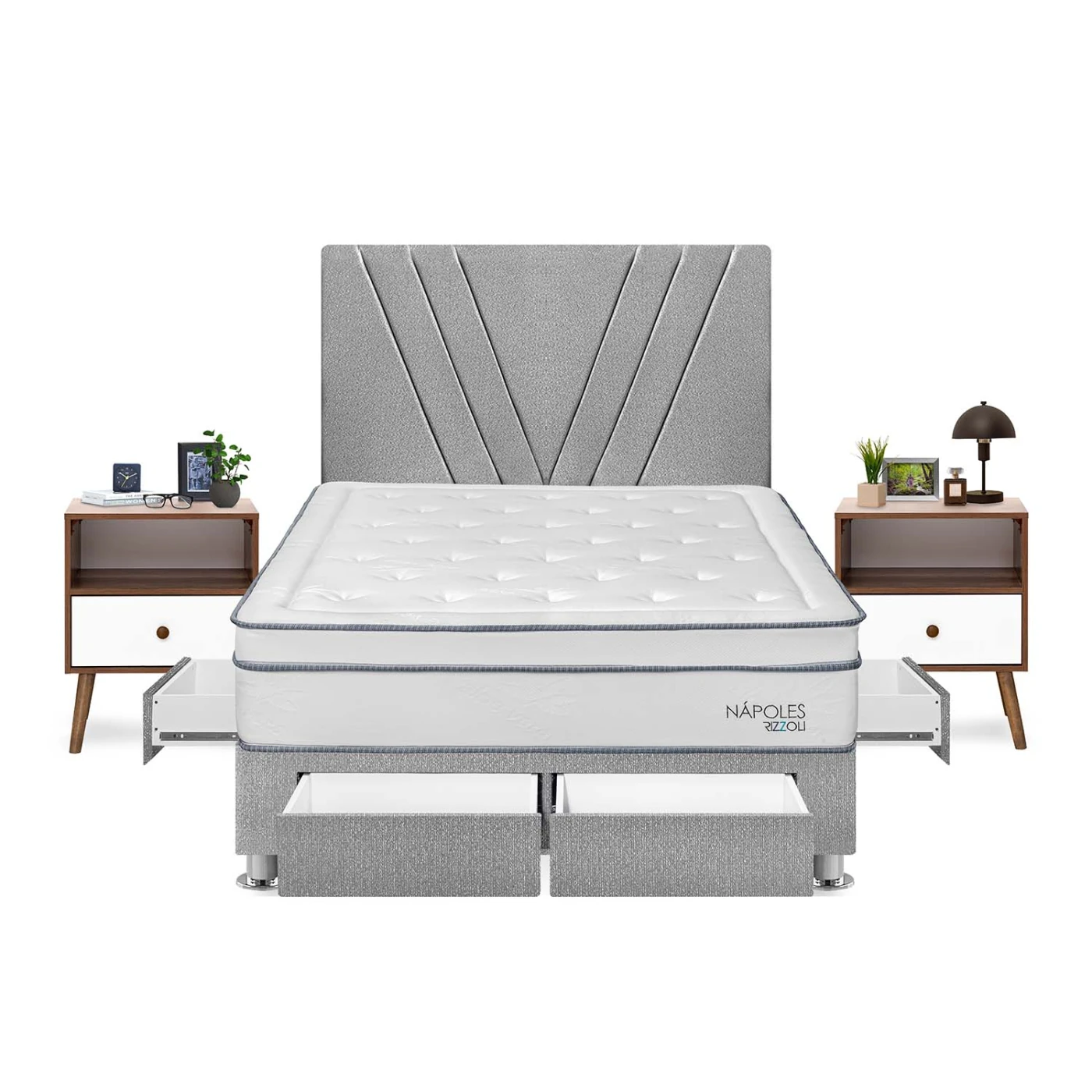 DORMITORIO RIZZOLI NAPOLES 2 PLAZAS CON CAJONES PLATA + VELADORES - 1