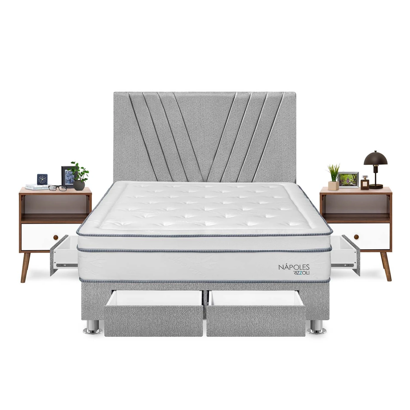 DORMITORIO AMERICANO RIZZOLI NAPOLES QUEEN CON CAJONES PLATA + VELADOR - 1