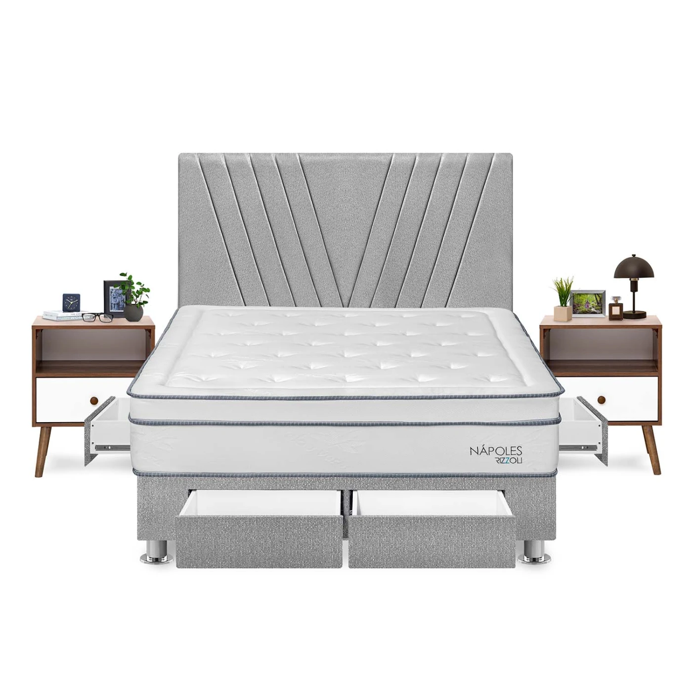 DORMITORIO RIZZOLI NAPOLES KING CON CAJONES PLATA + VELADOR - 1