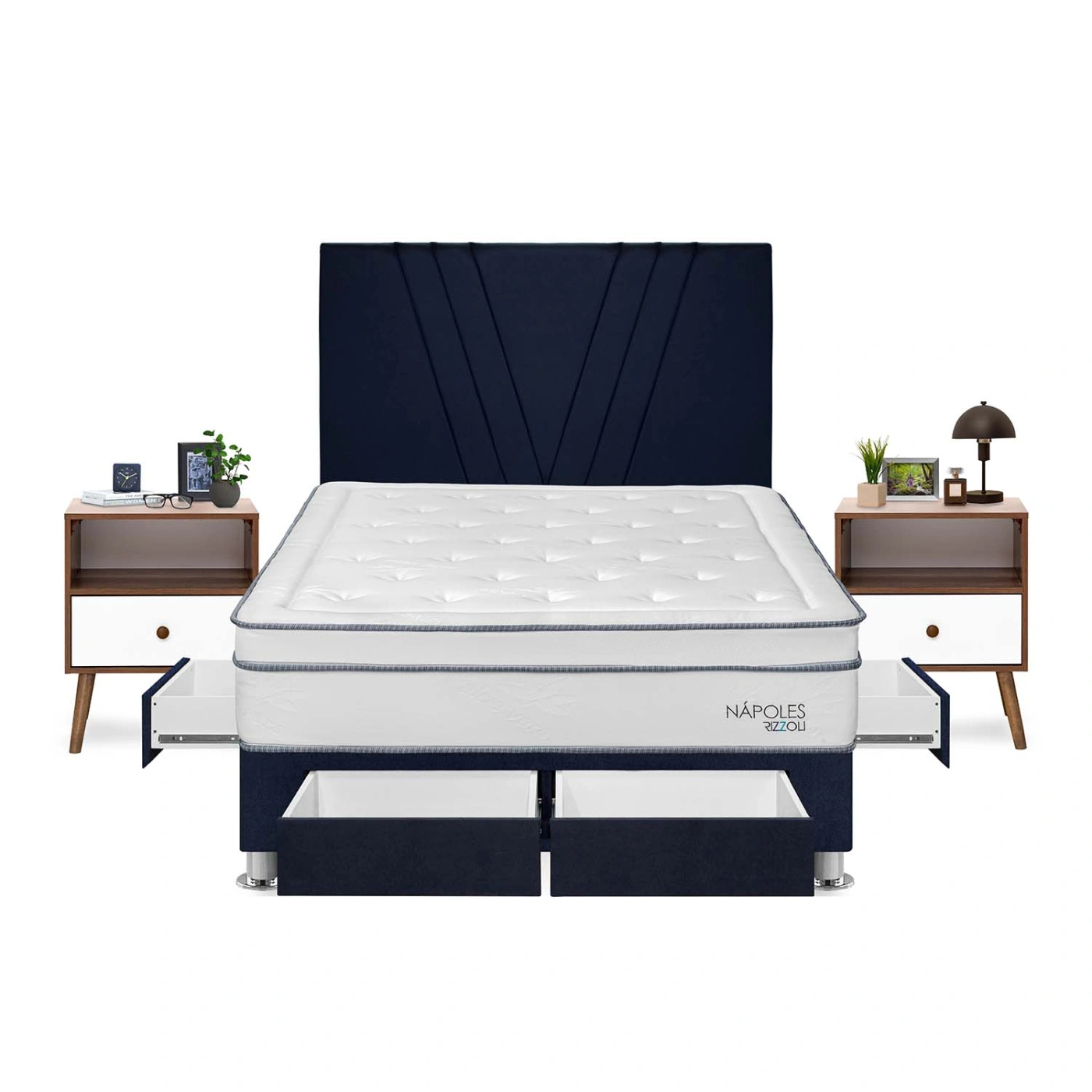DORMITORIO AMERICANO RIZZOLI NAPOLES 2 PLAZAS CON CAJONES AZUL + VELADOR - 1