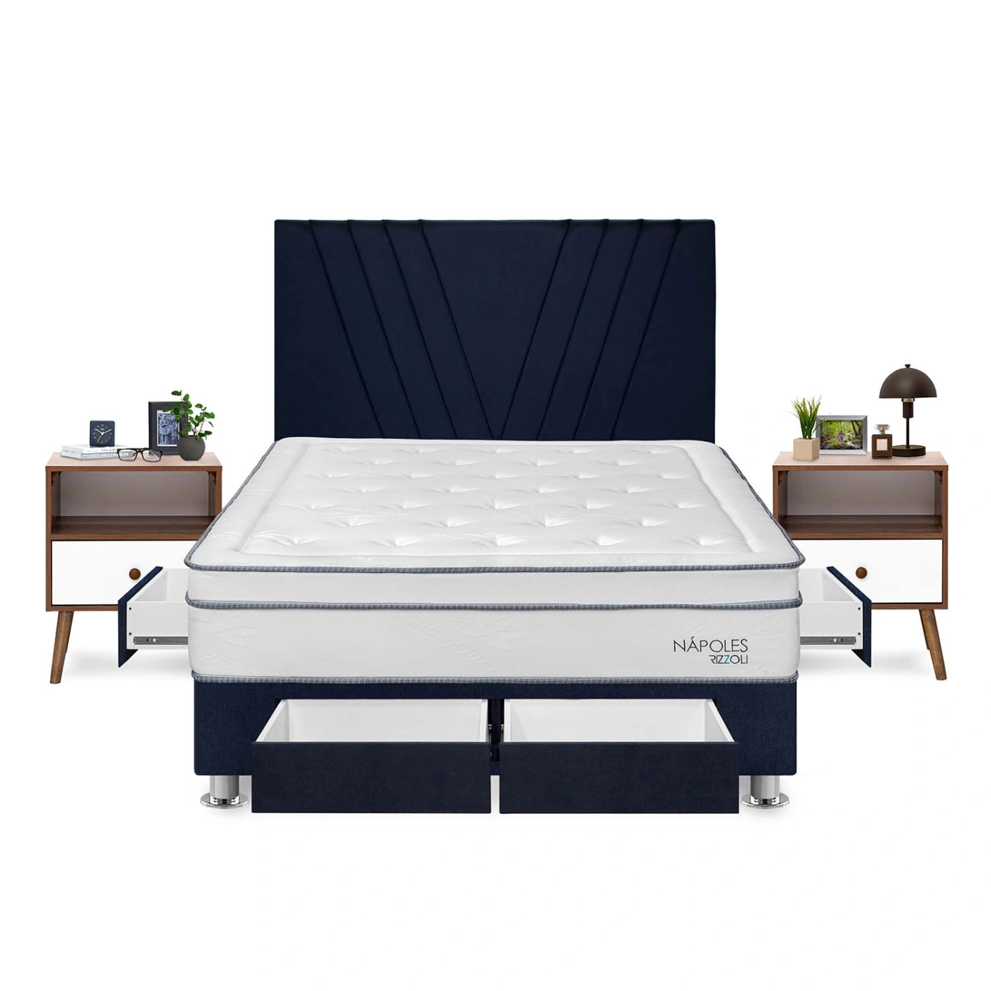 DORMITORIO RIZZOLI NAPOLES QUEEN CON CAJONES AZUL + VELADOR - 1