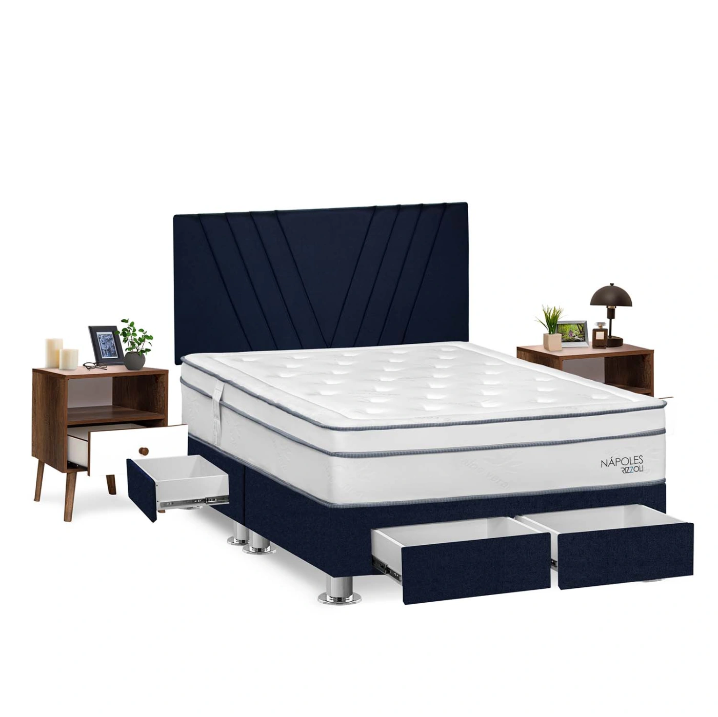 DORMITORIO RIZZOLI NAPOLES QUEEN CON CAJONES AZUL + VELADOR - 2