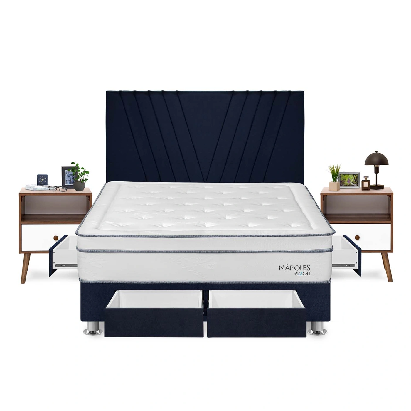 DORMITORIO AMERICANO RIZZOLI NAPOLES KING CON CAJONES AZUL + VELADOR - 1