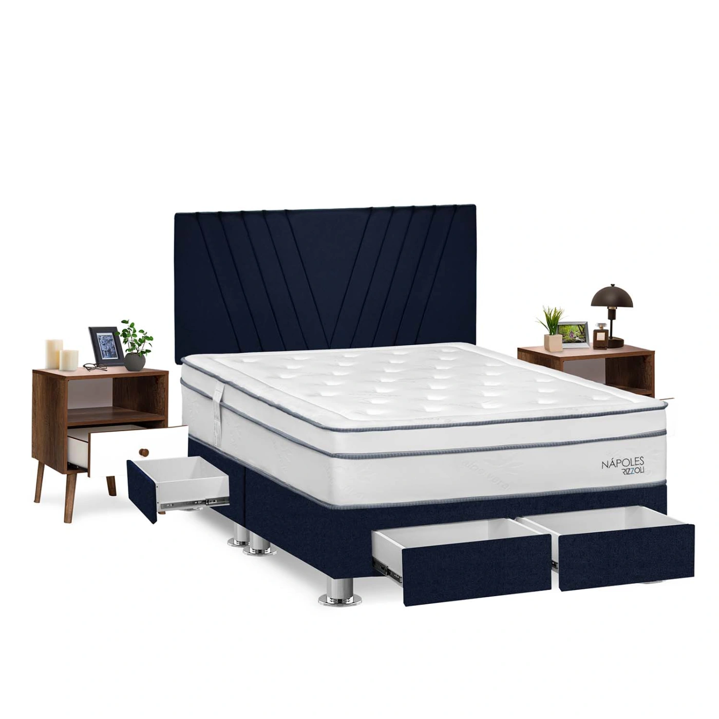 DORMITORIO AMERICANO RIZZOLI NAPOLES KING CON CAJONES AZUL + VELADOR - 2