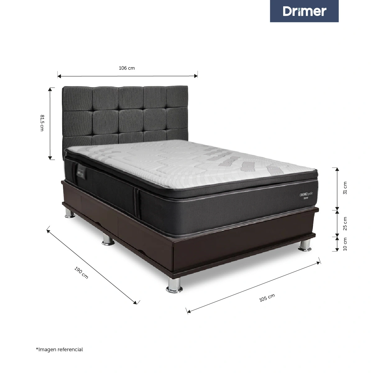 DORMITORIO CON CAJONES DRIMER CROMOPEDIC 1.5 PLAZAS CUADROS - 3