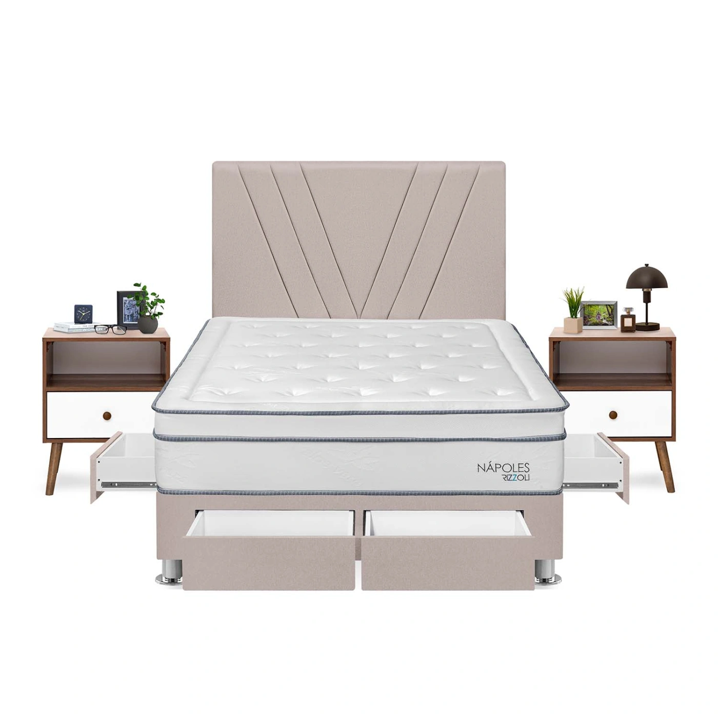 DORMITORIO RIZZOLI NAPOLES 2 PLAZAS CON CAJONES BEIGE + VELADORES - 1