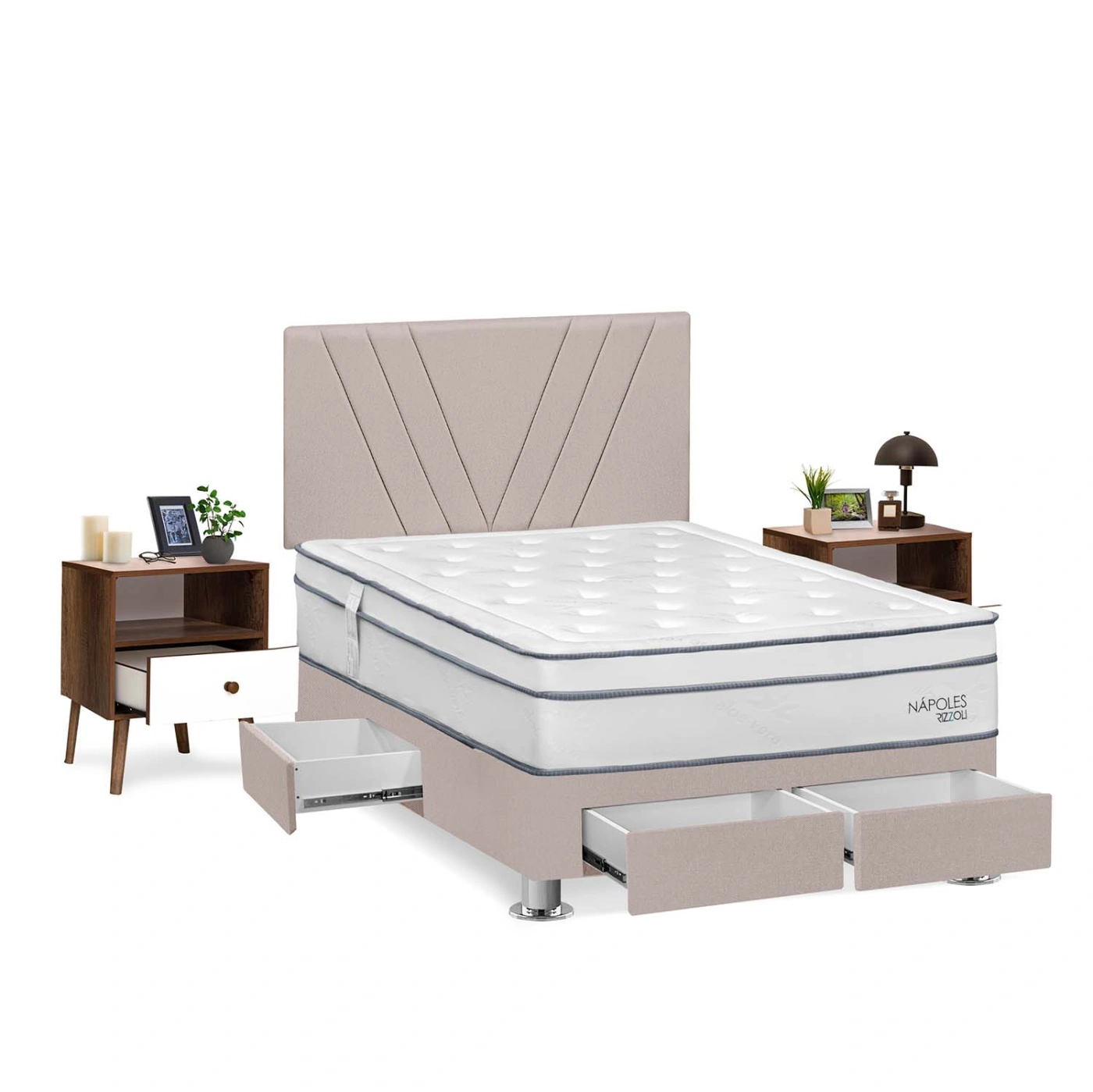 DORMITORIO RIZZOLI NAPOLES 2 PLAZAS CON CAJONES BEIGE + VELADORES - 2