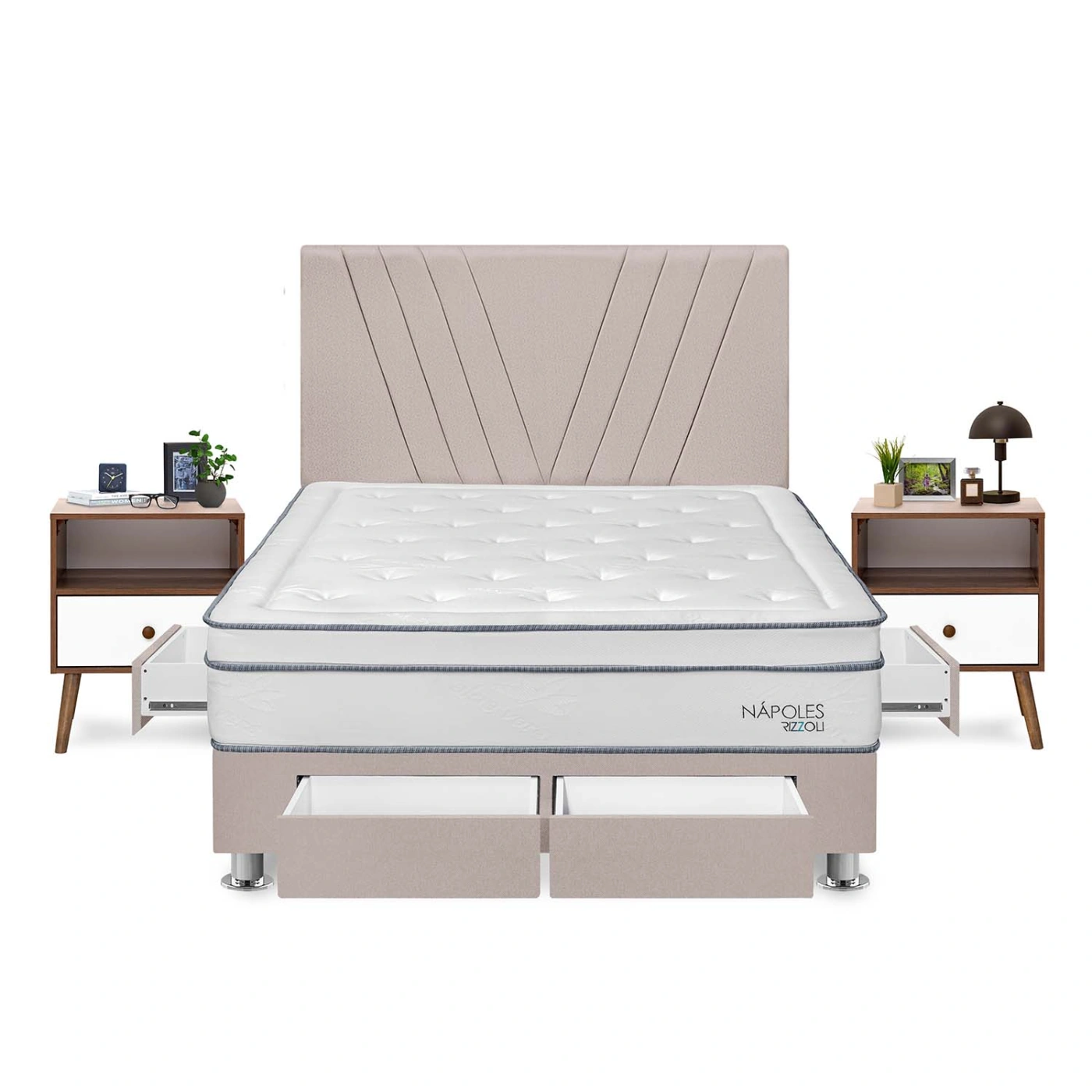 DORMITORIO RIZZOLI NAPOLES QUEEN CON CAJONES BEIGE + VELADORES - 1