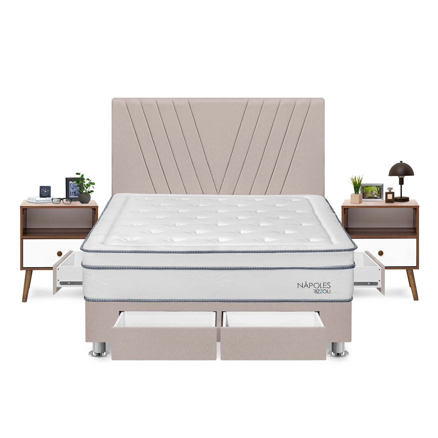DORMITORIO AMERICANO RIZZOLI NAPOLES KING CON CAJONES BEIGE + VELADORES - 1
