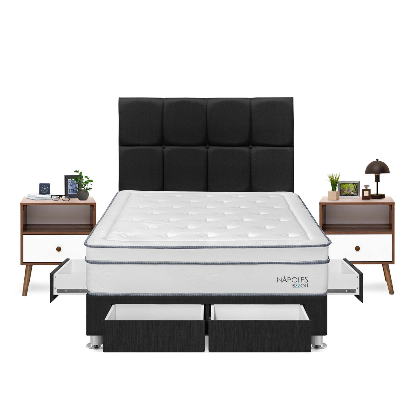 DORMITORIO AMERICANO RIZZOLI NAPOLES 2 PLAZAS CON CAJONES CUADROS GRIS + VELADOR - 1
