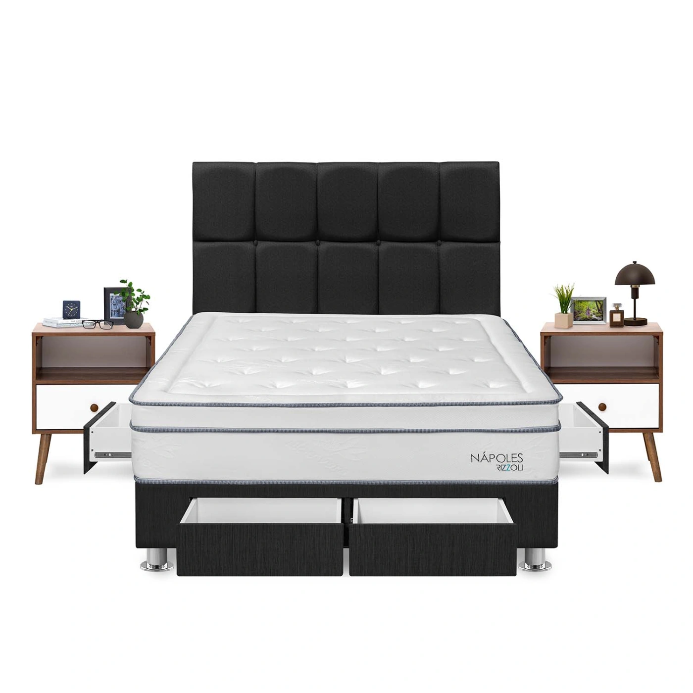 DORMITORIO AMERICANO RIZZOLI NAPOLES QUEEN CON CAJONES CUADROS GRIS + VELADOR - 1