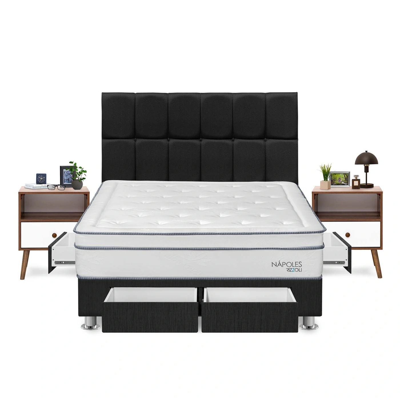DORMITORIO AMERICANO RIZZOLI NAPOLES KING CON CAJONES CUADROS GRIS + VELADOR - 1