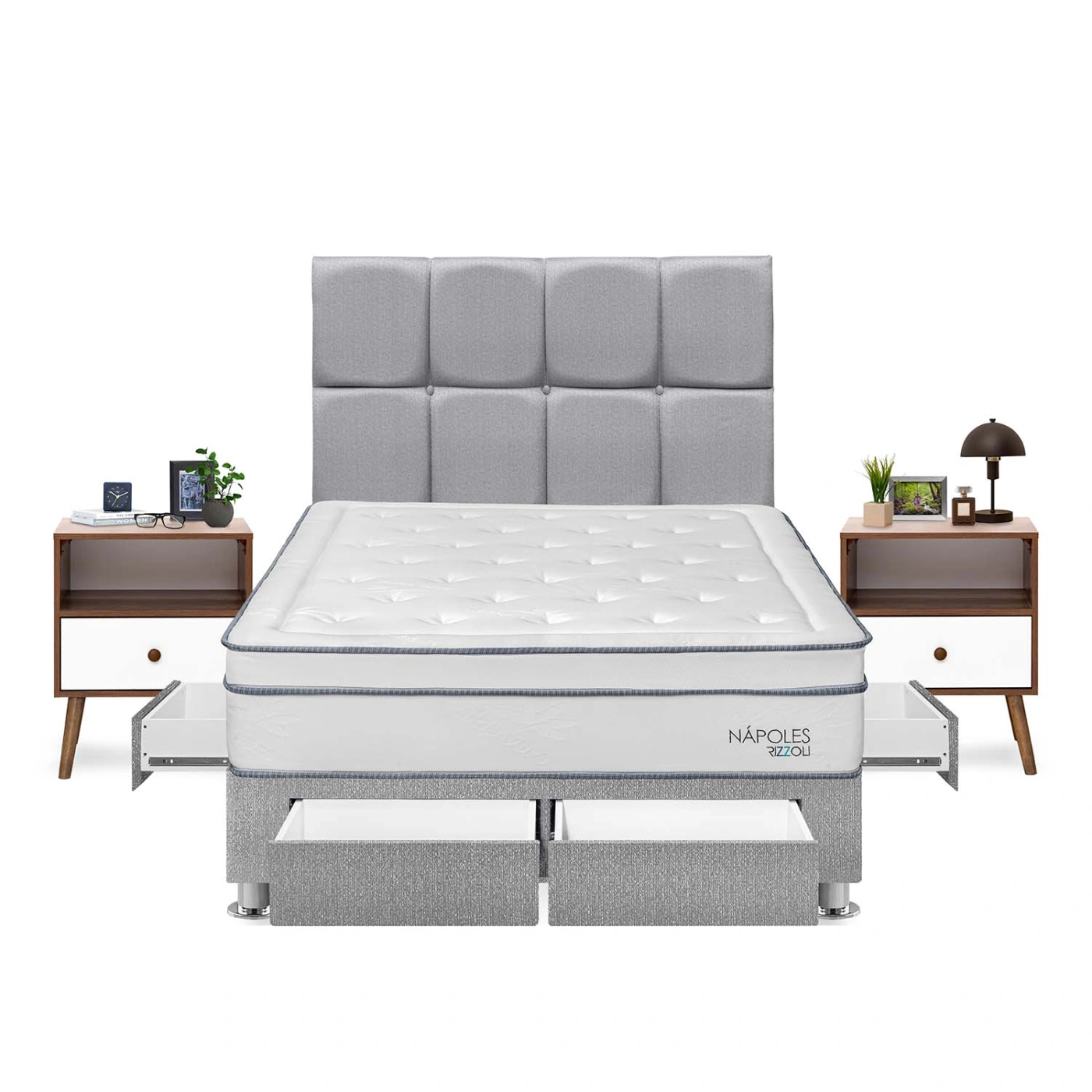 DORMITORIO AMERICANO RIZZOLI NAPOLES 2 PLAZAS CON CAJONES PLATA + VELADORES - 1