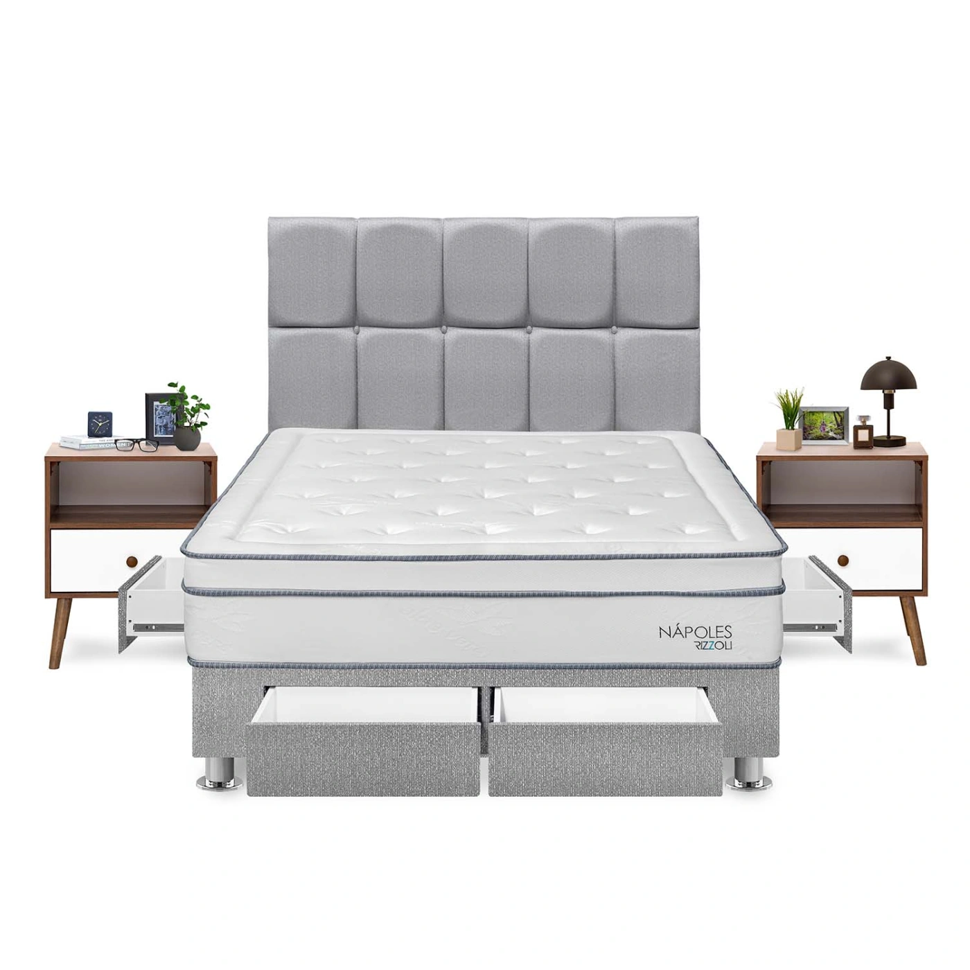 DORMITORIO AMERICANO RIZZOLI NAPOLES QUEEN CON CAJONES CUADROS PLATA + VELADOR - 1