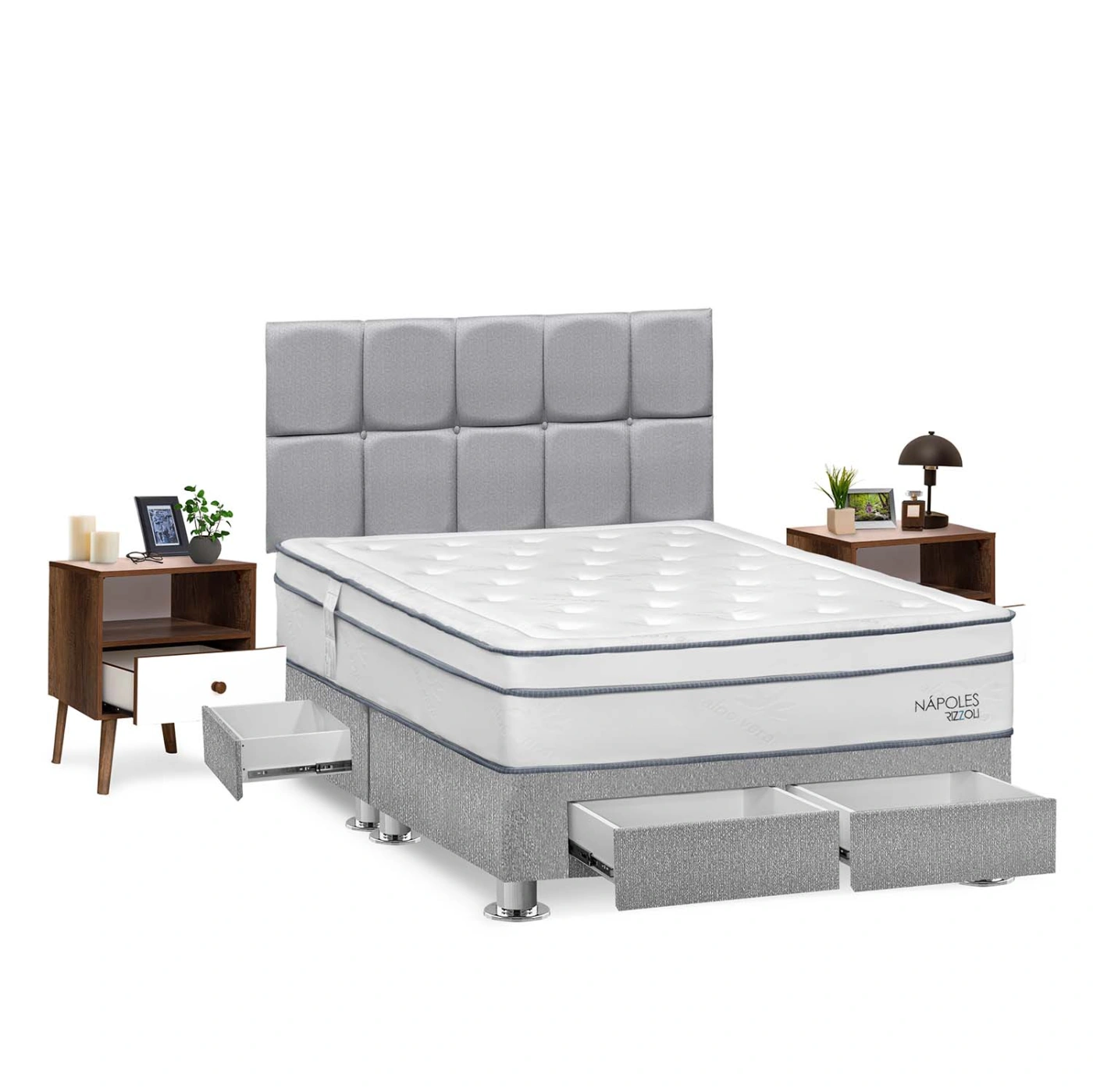 DORMITORIO AMERICANO RIZZOLI NAPOLES QUEEN CON CAJONES CUADROS PLATA + VELADOR - 2