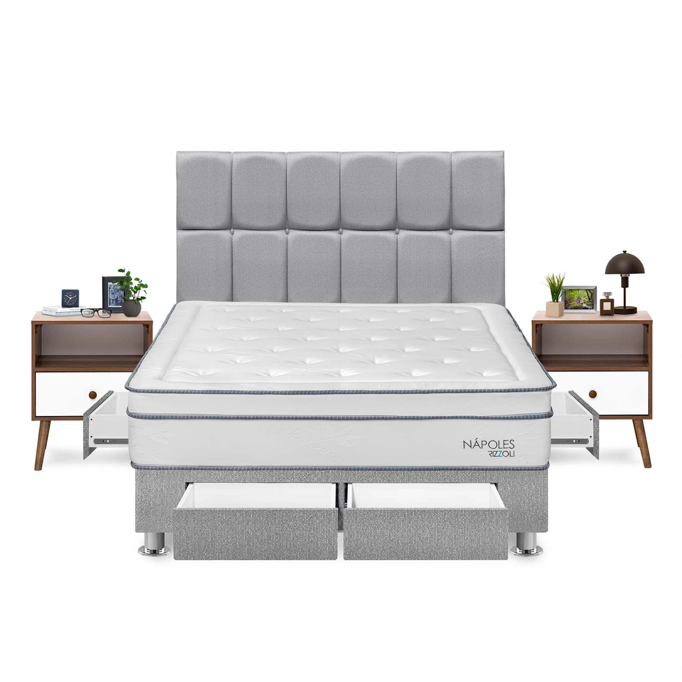 DORMITORIO AMERICANO RIZZOLI NAPOLES KING CON CAJONES CUADROS PLATA + VELADOR - 1