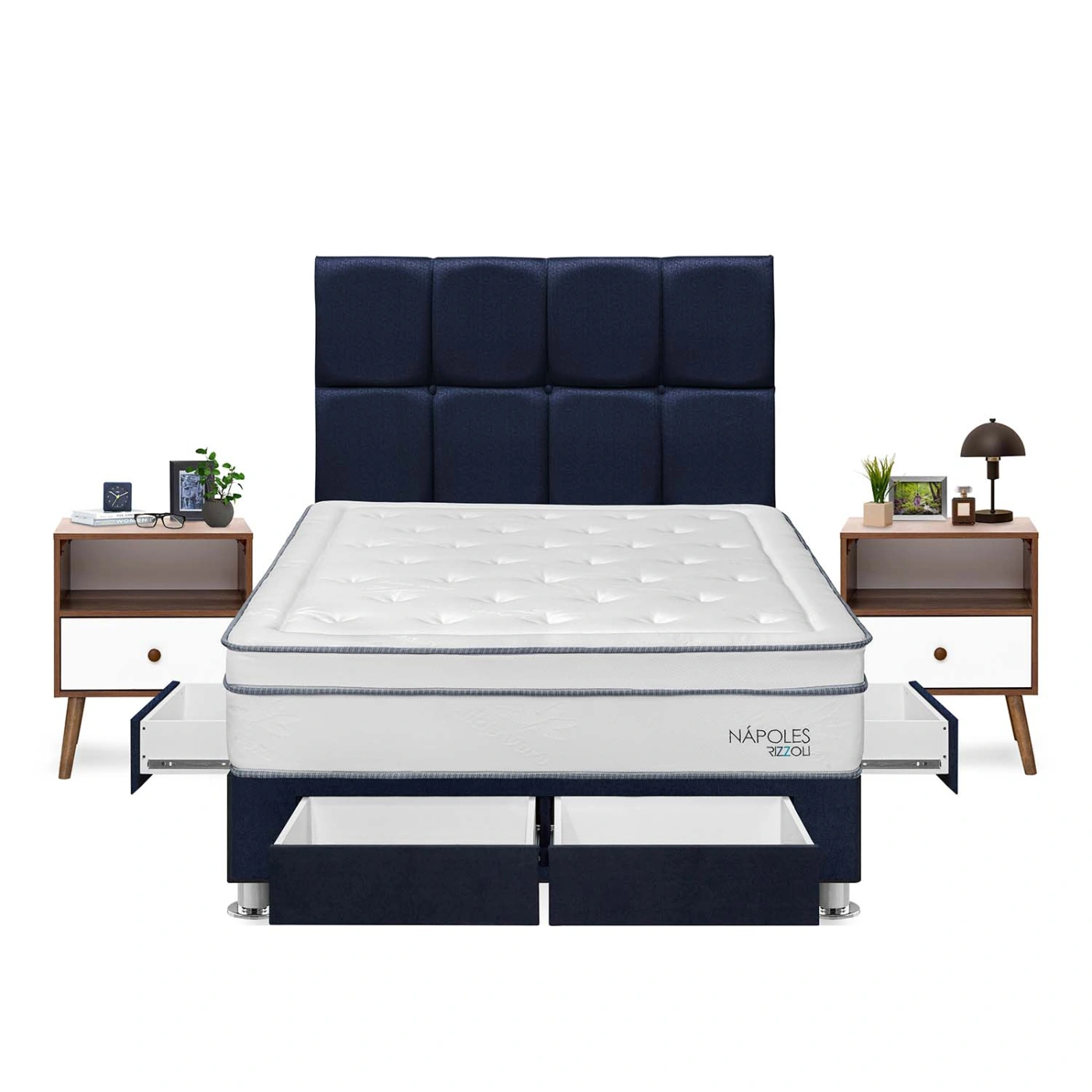 DORMITORIO AMERICANO RIZZOLI NAPOLES 2 PLAZAS CON CAJONES CUADROS AZUL + VELADOR - 1