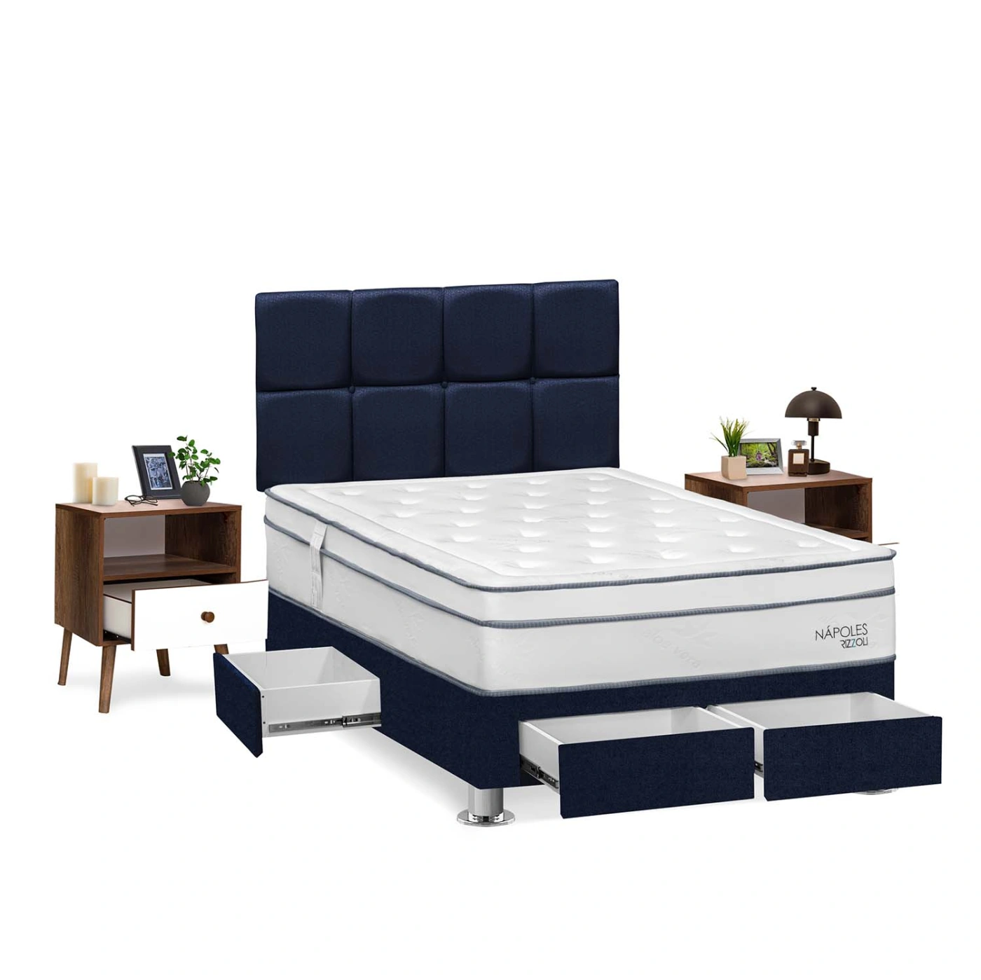 DORMITORIO AMERICANO RIZZOLI NAPOLES 2 PLAZAS CON CAJONES CUADROS AZUL + VELADOR - 2