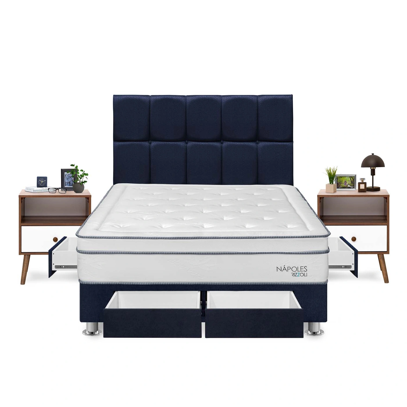 DORMITORIO AMERICANO RIZZOLI NAPOLES QUEEN CON CAJONES CUADROS AZUL + VELADOR - 1