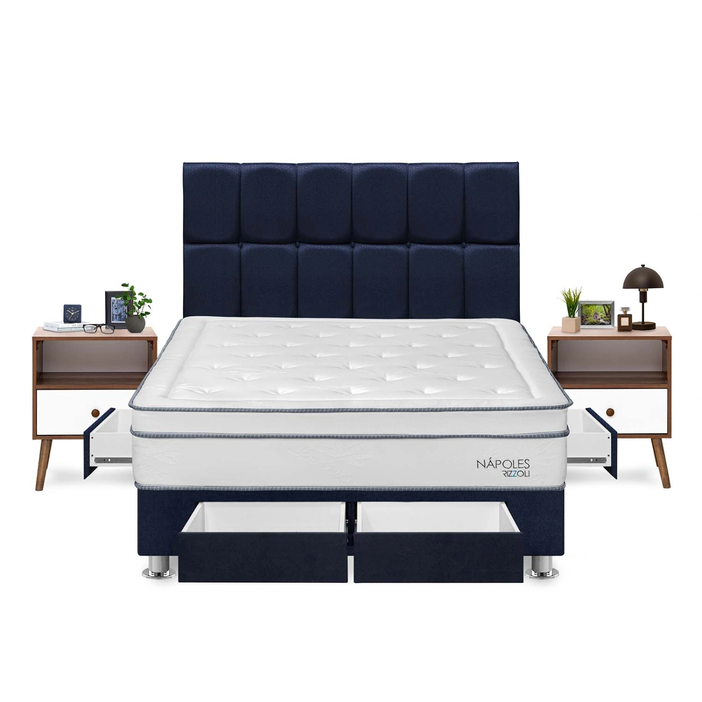 DORMITORIO AMERICANO RIZZOLI NAPOLES KING CON CAJONES CUADROS AZUL + VELADOR - 1