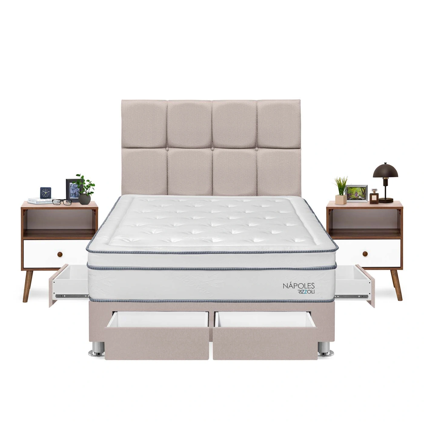 DORMITORIO RIZZOLI NAPOLES 2 PLAZAS CON CAJONES CUADROS BEIGE + VELADORES - 1