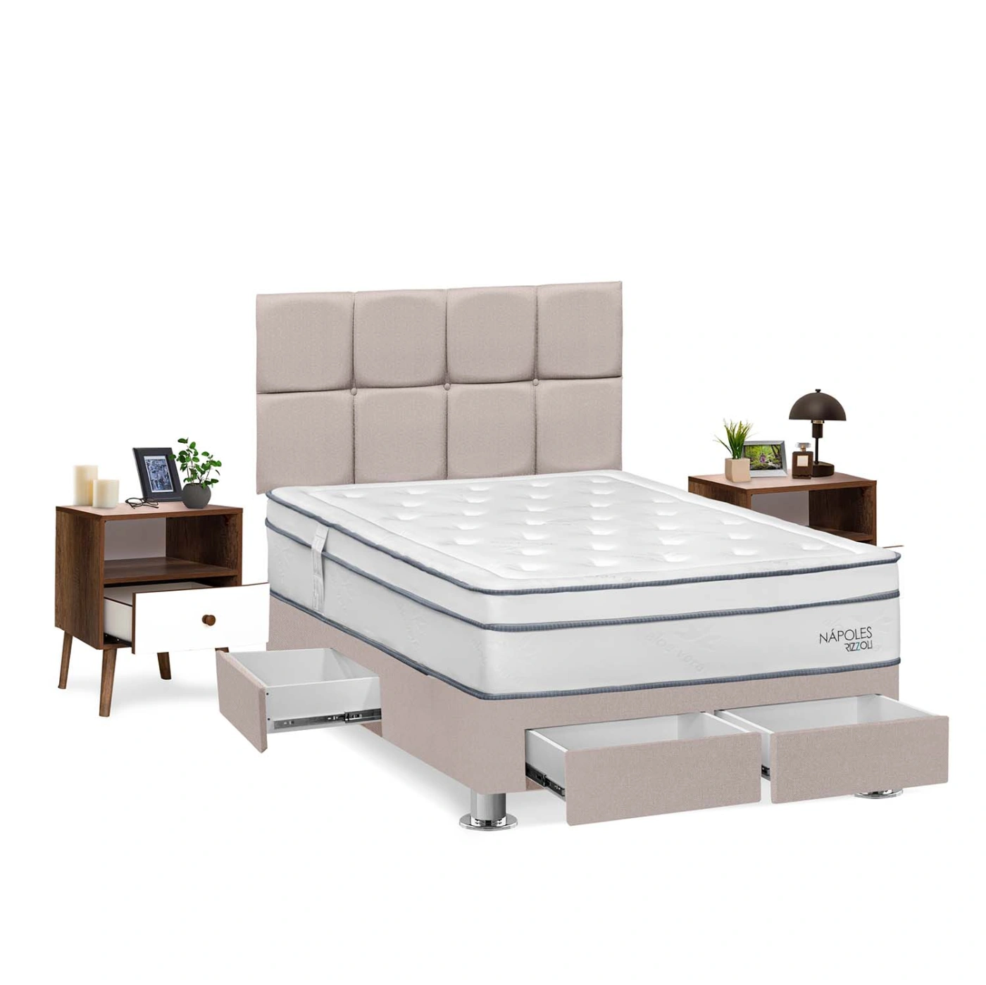 DORMITORIO RIZZOLI NAPOLES 2 PLAZAS CON CAJONES CUADROS BEIGE + VELADORES - 2