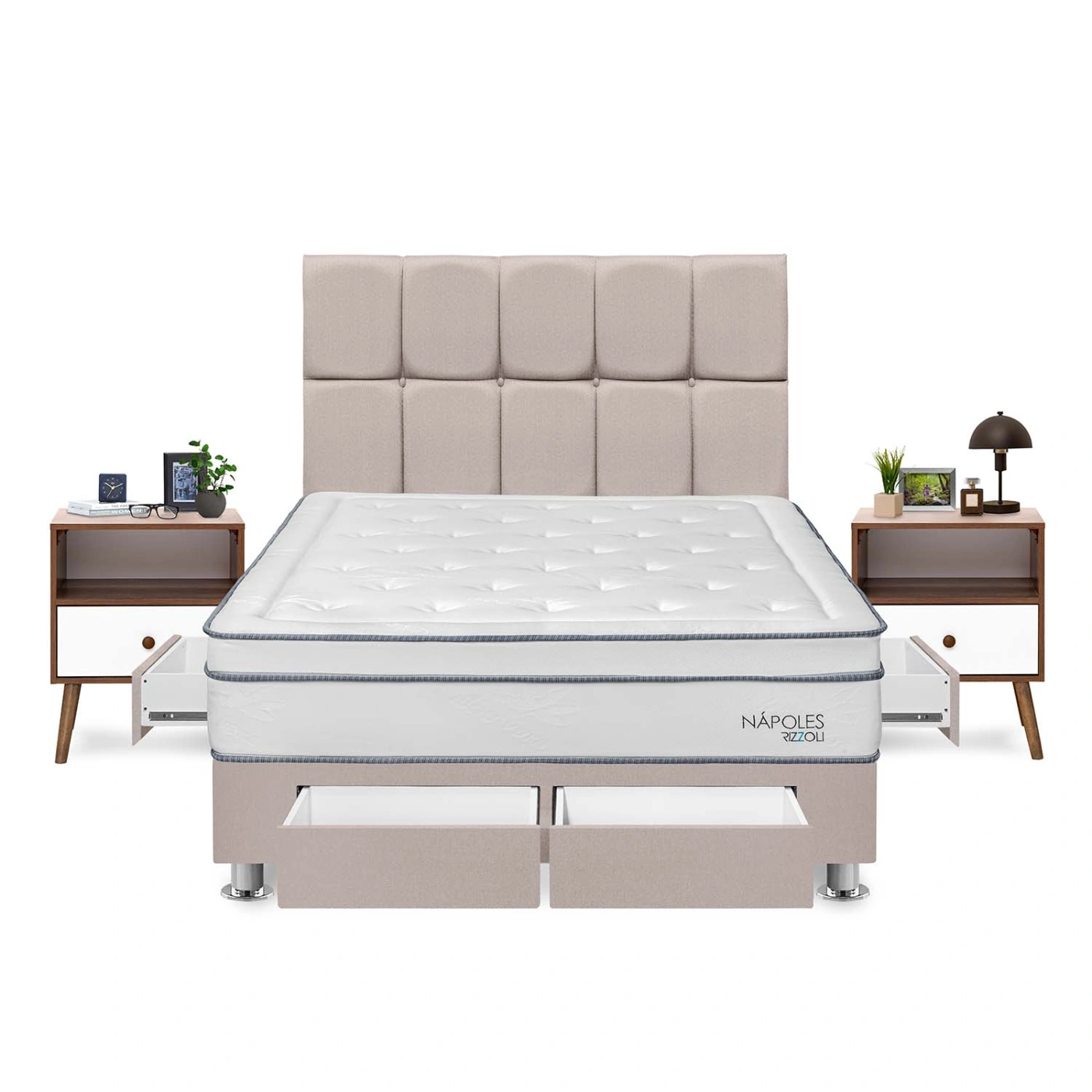 DORMITORIO AMERICANO RIZZOLI NAPOLES QUEEN CON CAJONES CUADROS BEIGE + VELADOR - 1