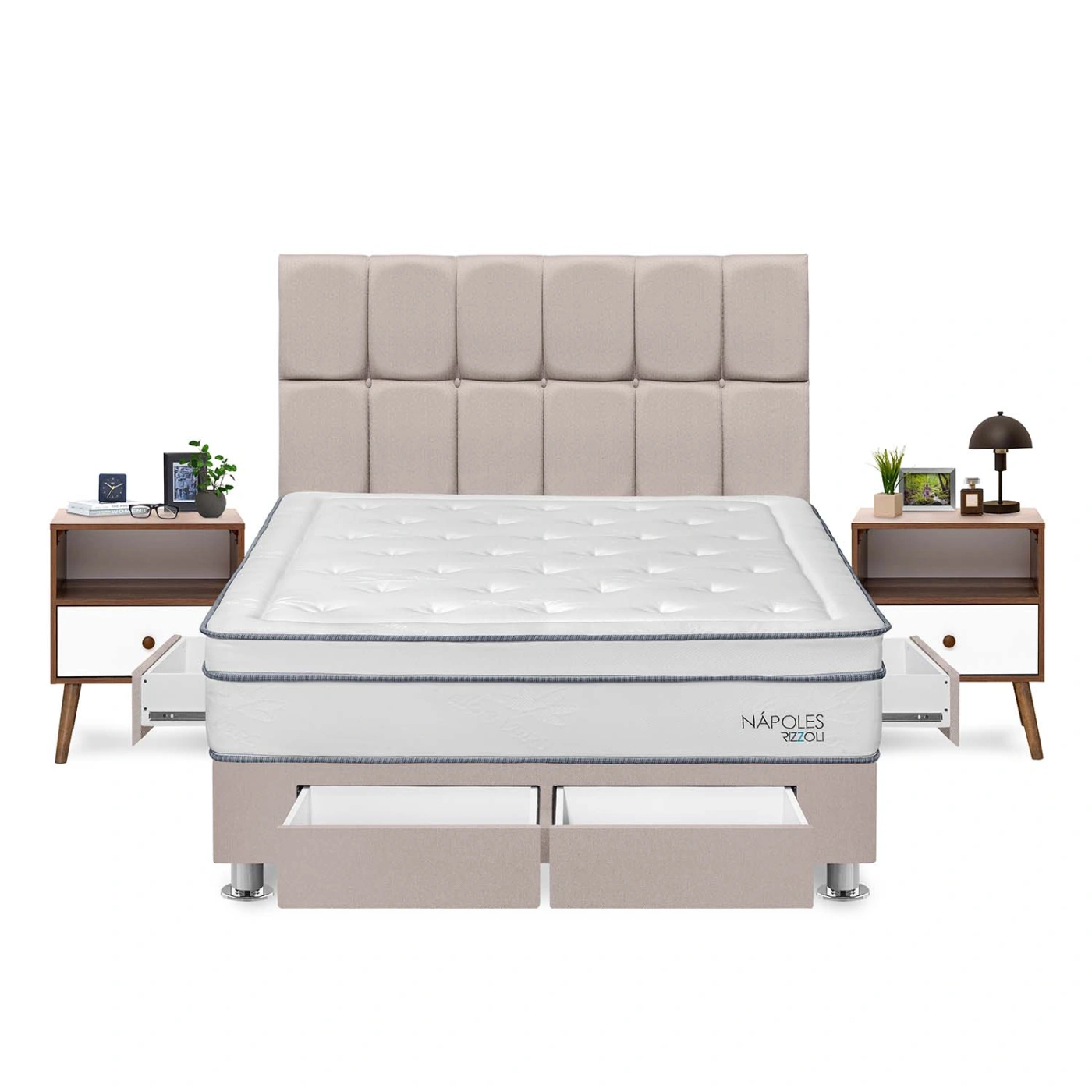 DORMITORIO AMERICANO RIZZOLI NAPOLES KING CON CAJONES CUADROS BEIGE + VELADOR - 1