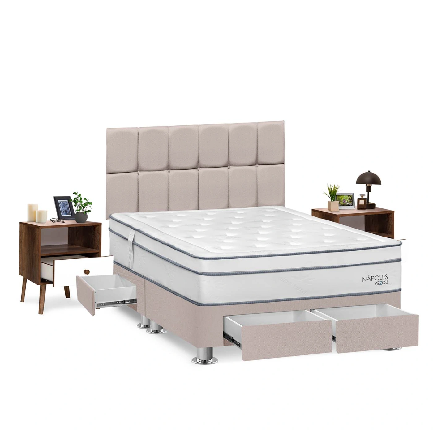DORMITORIO AMERICANO RIZZOLI NAPOLES KING CON CAJONES CUADROS BEIGE + VELADOR - 2