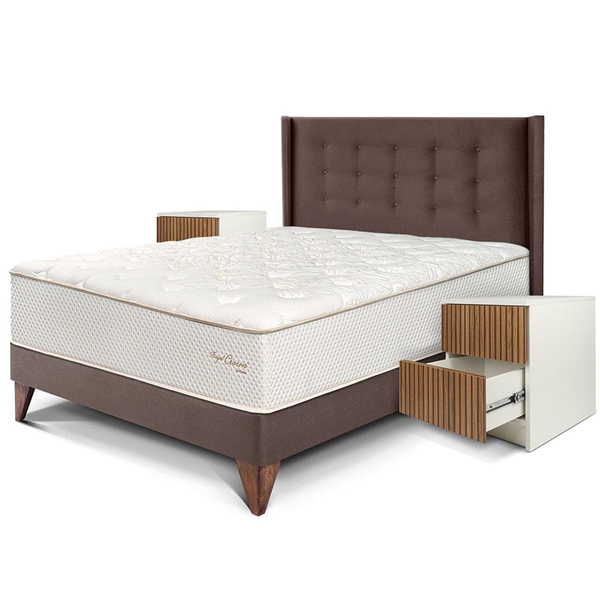 DORMITORIO EUROPEO ROYAL CROWN 2 PLAZAS + CABECERA GOLD CHOCOLATE + VELADOR BRISSE + 2 ALMOHADAS VISCOELÁSTICAS - 1