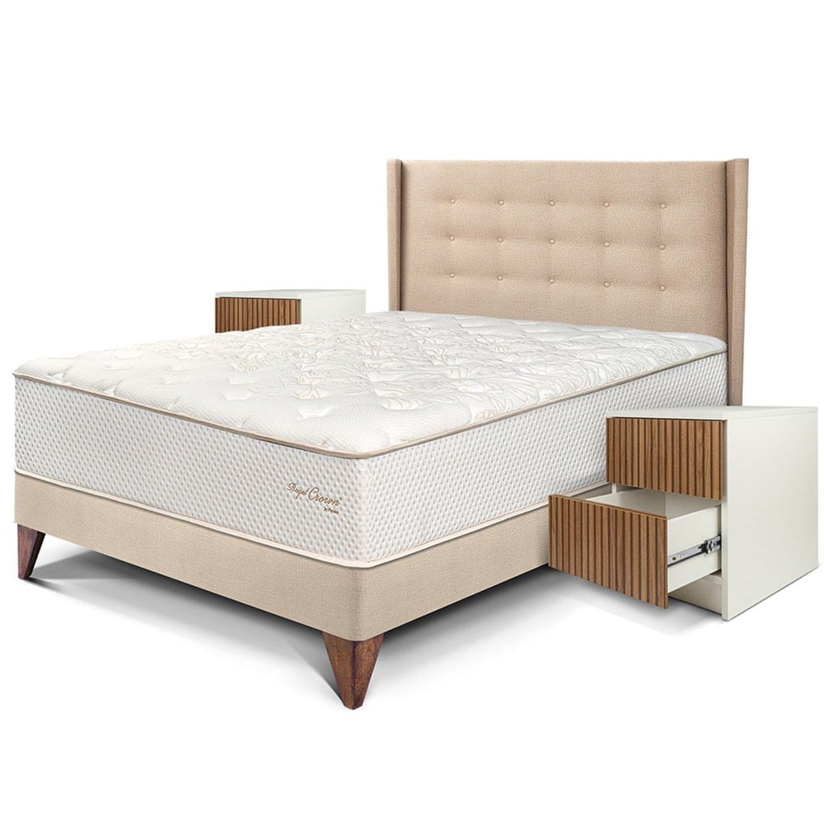 DORMITORIO EUROPEO ROYAL CROWN 2 PLAZAS + CABECERA GOLD CHAMPAGNE + VELADOR BRISSE + 2 ALMOHADAS VISCOELÁSTICAS - 1