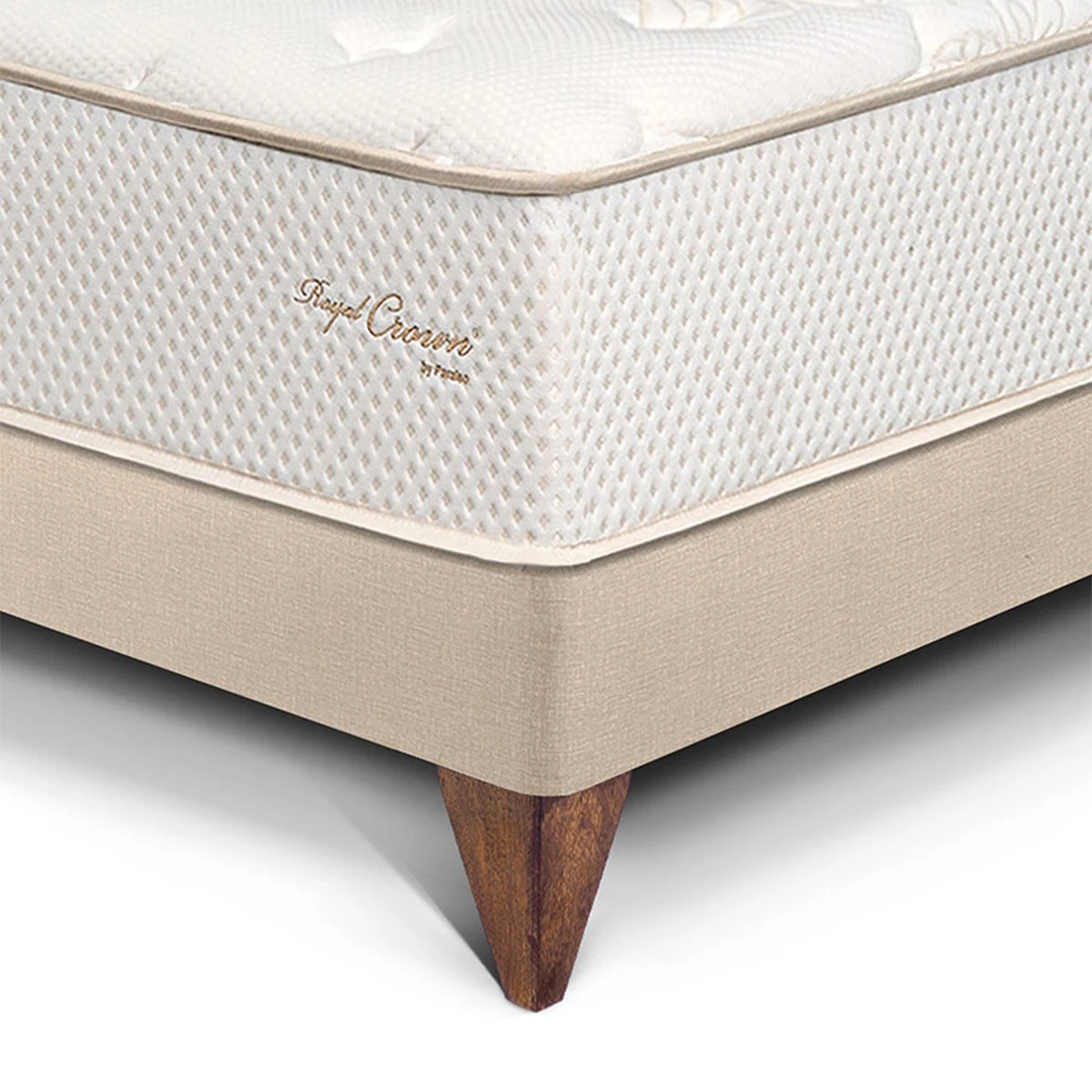 DORMITORIO EUROPEO ROYAL CROWN 2 PLAZAS + CABECERA GOLD CHAMPAGNE + VELADOR BRISSE + 2 ALMOHADAS VISCOELÁSTICAS - 2