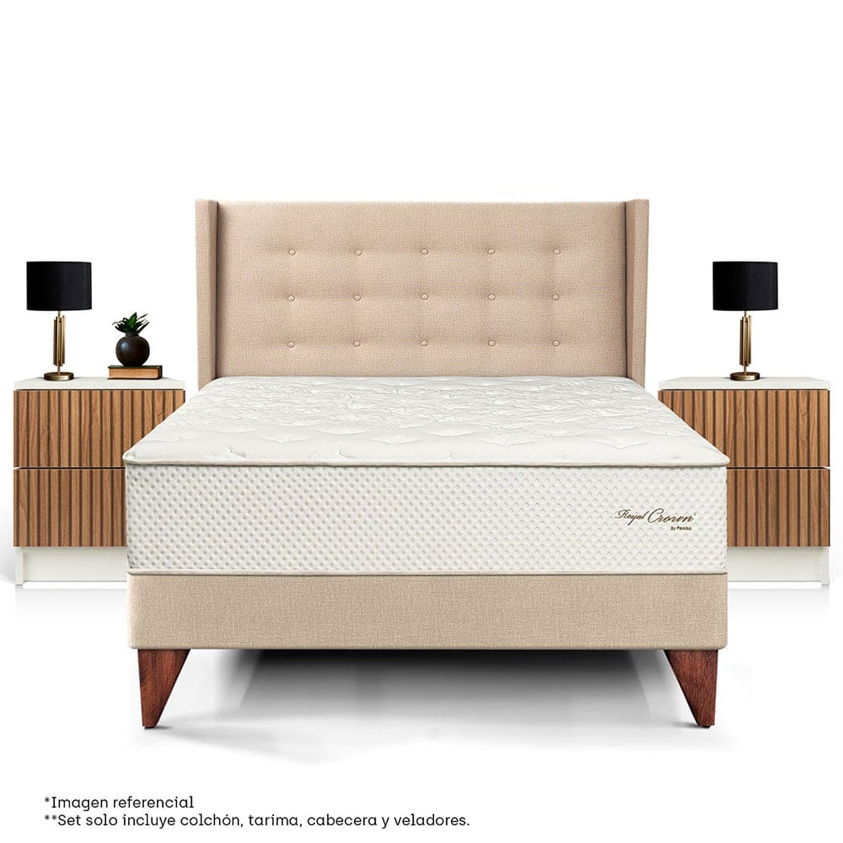 DORMITORIO EUROPEO ROYAL CROWN 2 PLAZAS + CABECERA GOLD CHAMPAGNE + VELADOR BRISSE + 2 ALMOHADAS VISCOELÁSTICAS - 3