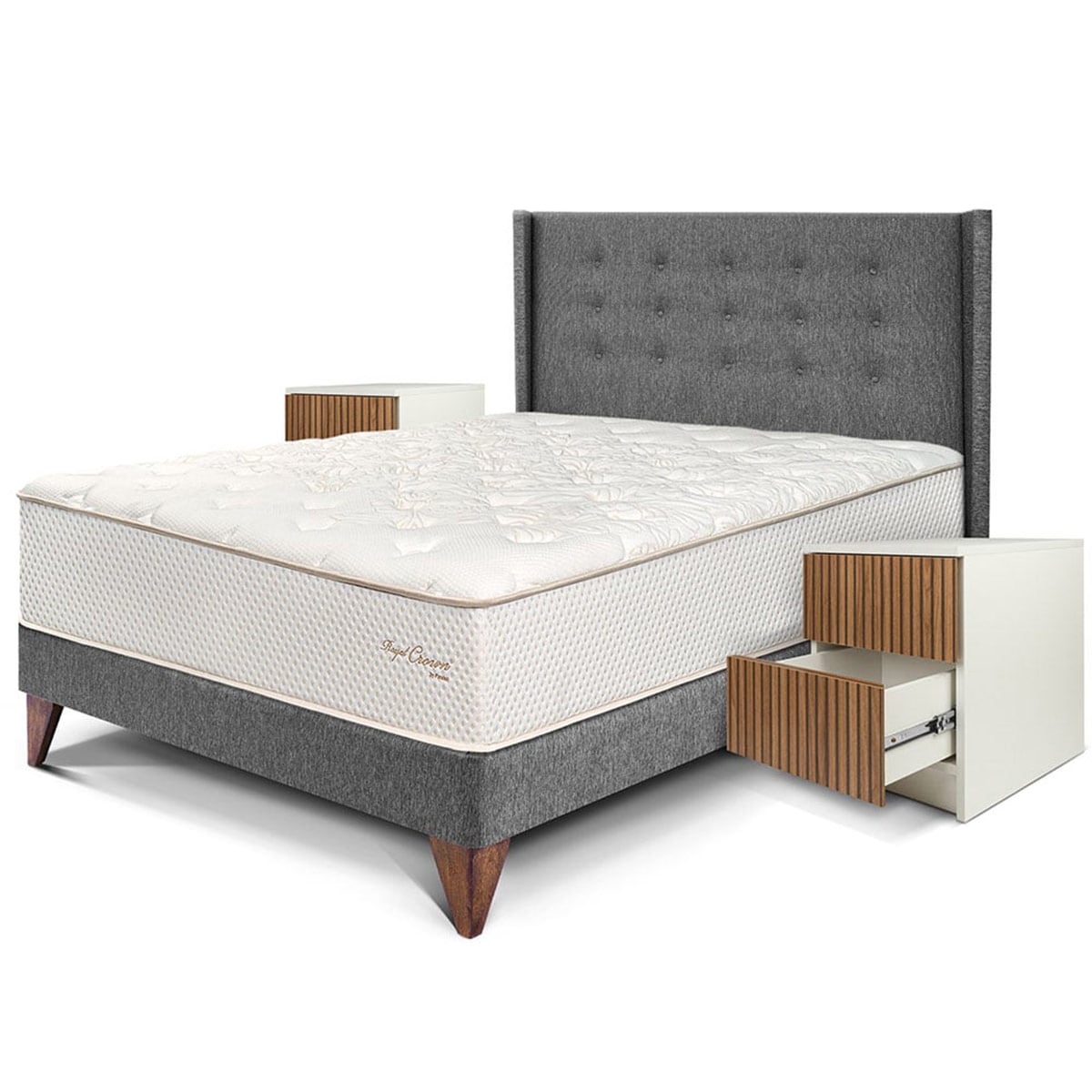 DORMITORIO EUROPEO ROYAL CROWN 2 PLAZAS + CABECERA GOLD GRIS + VELADOR BRISSE + 2 ALMOHADAS VISCOELÁSTICAS - 1