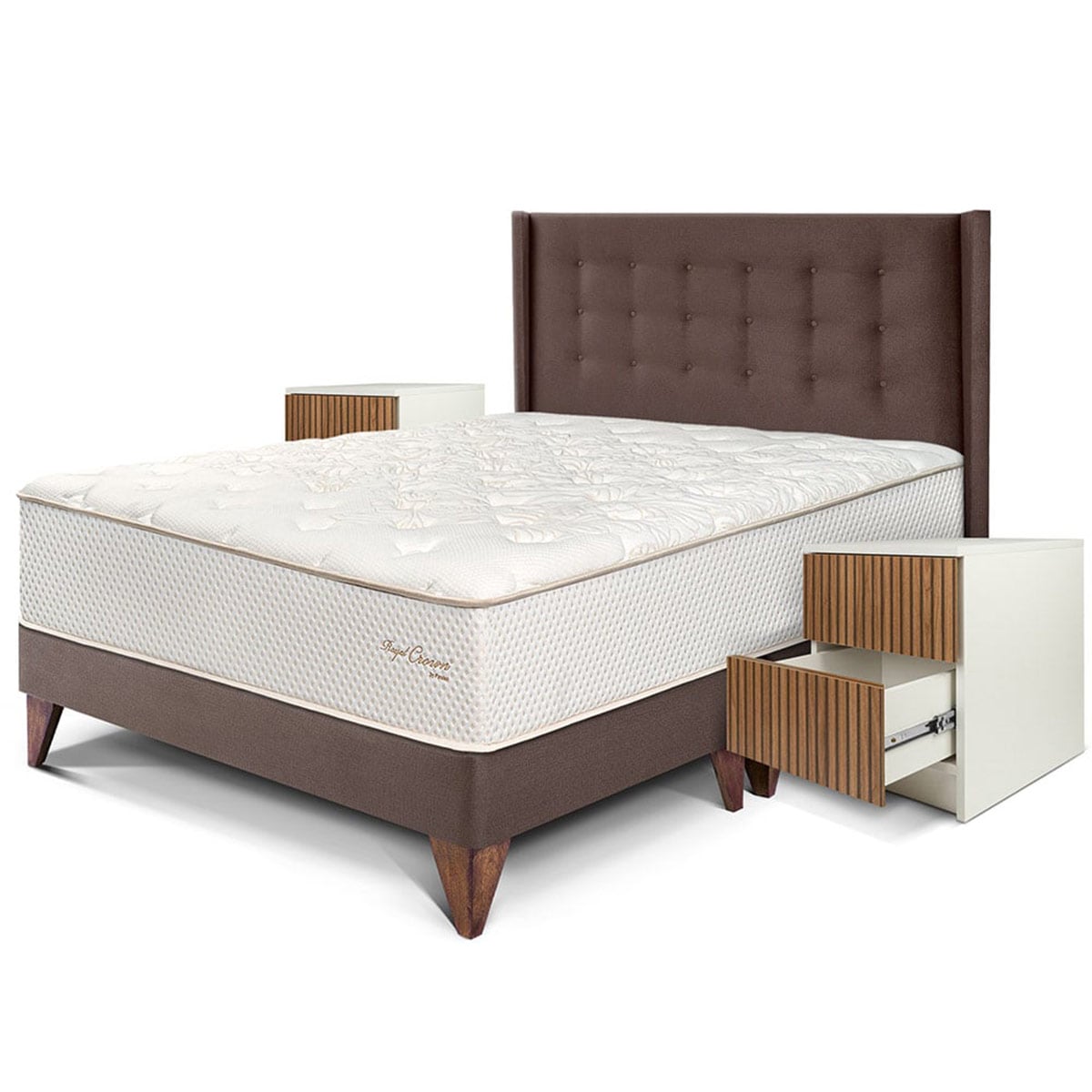 DORMITORIO EUROPEO ROYAL CROWN QUEEN + CABECERA GOLD CHOCOLATE + VELADOR BRISSE + 2 ALMOHADAS VISCOELÁSTICAS - 1