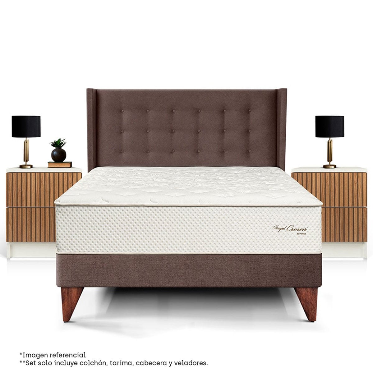 DORMITORIO EUROPEO ROYAL CROWN QUEEN + CABECERA GOLD CHOCOLATE + VELADOR BRISSE + 2 ALMOHADAS VISCOELÁSTICAS - 3